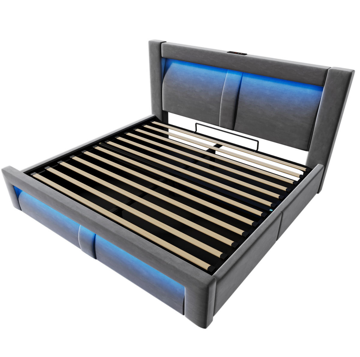 SAMT-POLSTERBETT 160/200 cm mit Bettkasten, LED-Beleuchtung und gepolstertem Kopfteil - Grau, Textil (160/200cm) - BEAOK