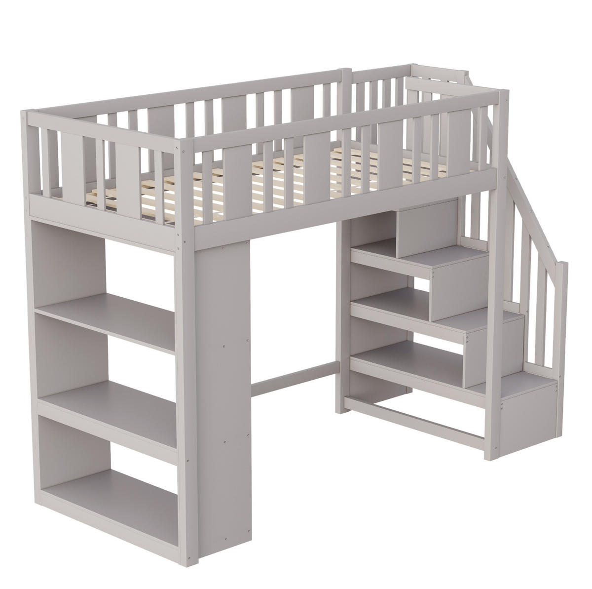 HOCHBETT 90/200 cm mit Stauraumtreppe, 3 Staufächern und Sicherheitsgeländer, Grau - Grau, Holzwerkstoff (90/200cm) - Redom