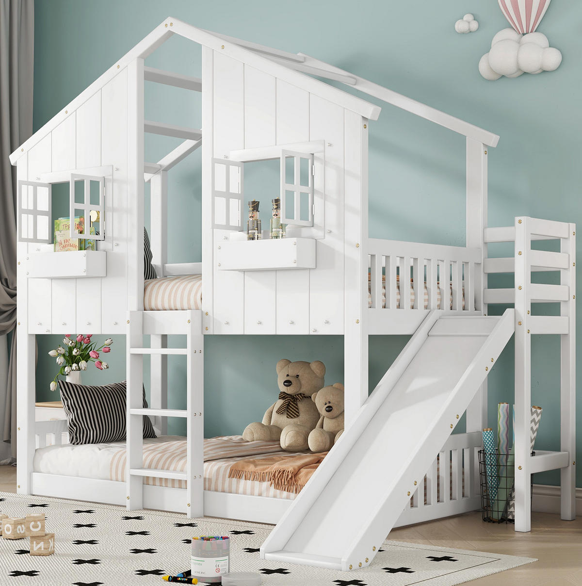 ETAGENBETT aus Kiefer und MDF 90x200 cm Weiß/Natur mit Rutsche, Dach, Fenstern und Fallschutz - Weiß, Holzwerkstoff (90/200cm) - Modfu