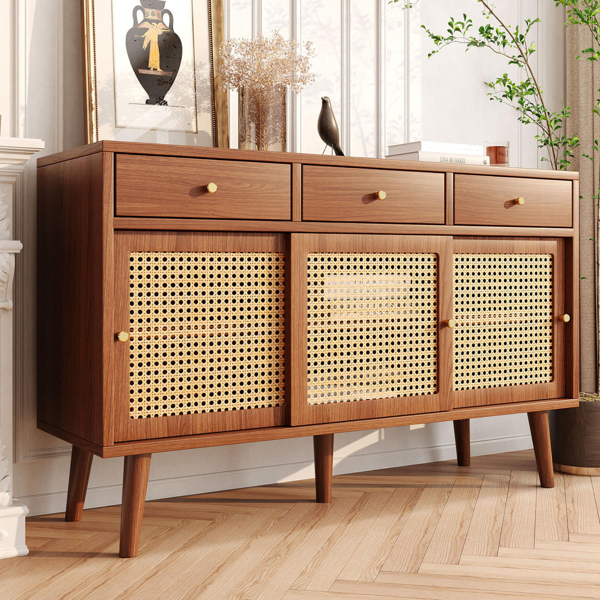 SIDEBOARD 120x40x78 cm, 3 Schubladen, Schiebetüren, Nussbaum - Kastanienfarben, Holz (120/78/40cm)