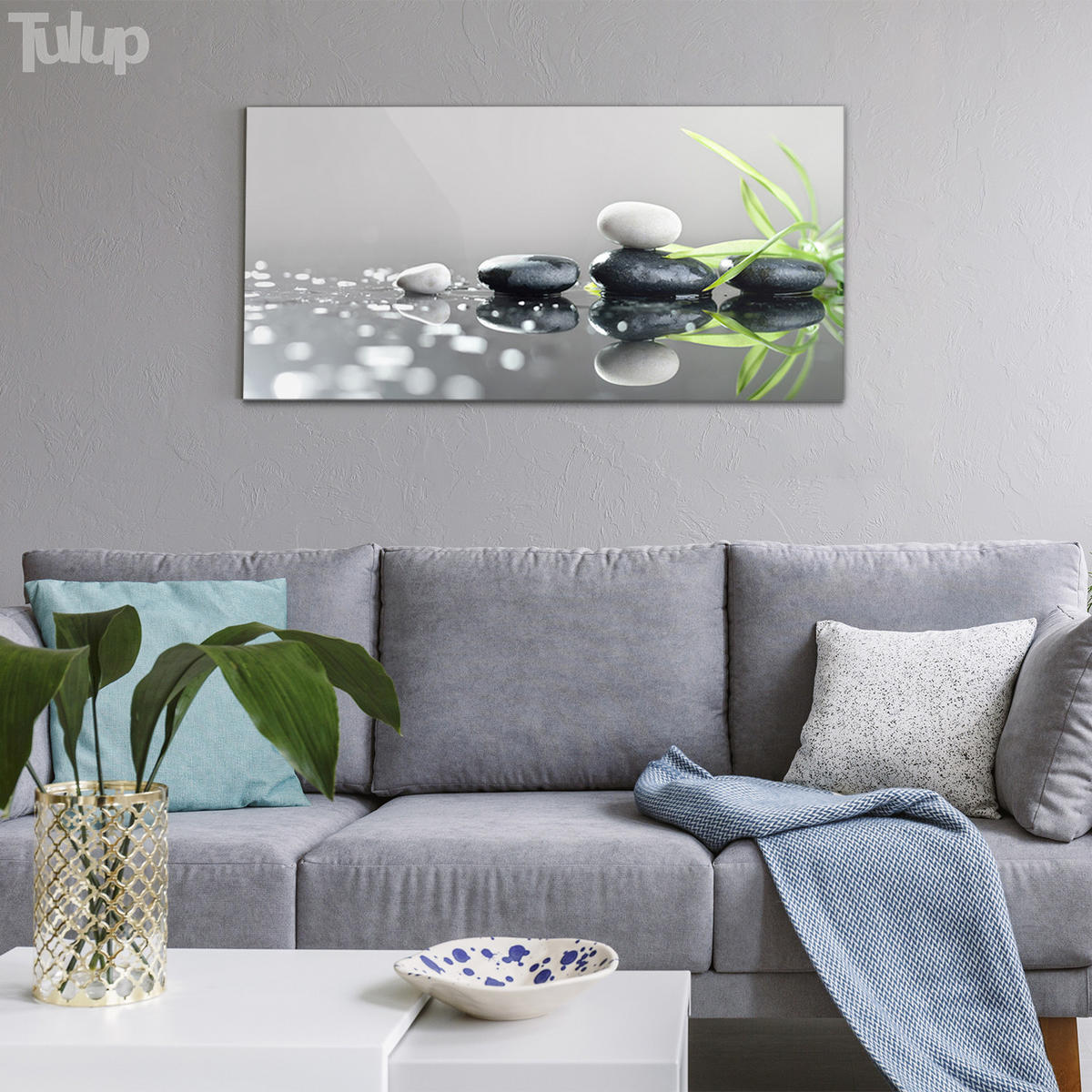 GLASBILD 120x60 cm Gras und Steine - Hellgrau, Glas (120/60cm) - TULUP