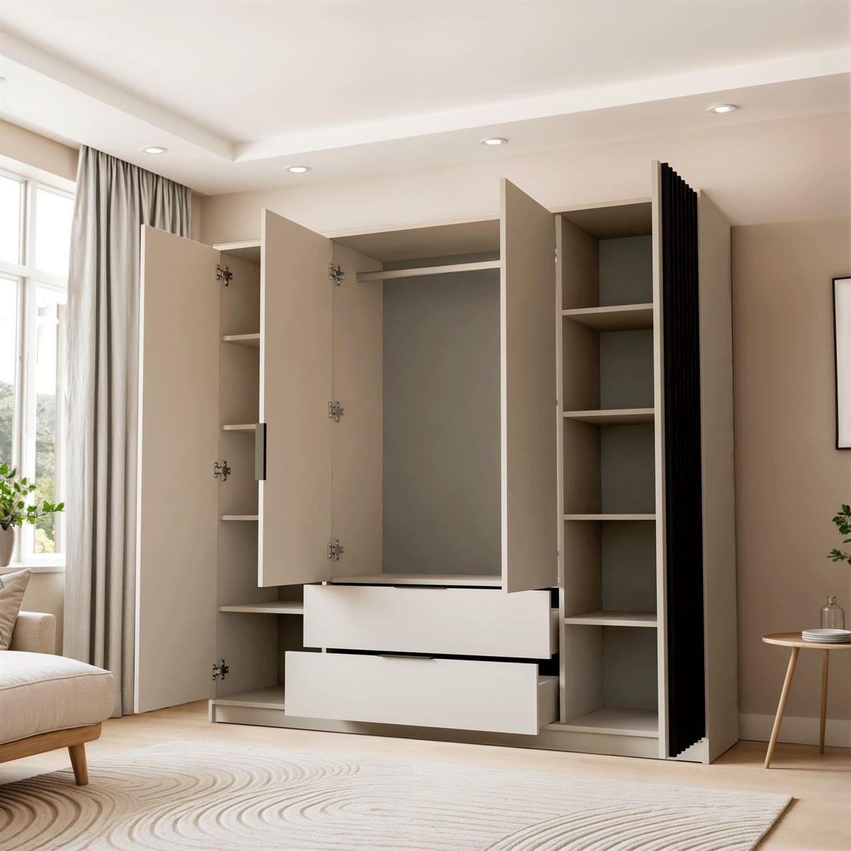 KLEIDERSCHRANK NELA, viertürig mit Lamellen, 206 cm. Kaschmir/Schwarz - Kaschmir, Holzwerkstoff (206/200/51cm) - Lookway