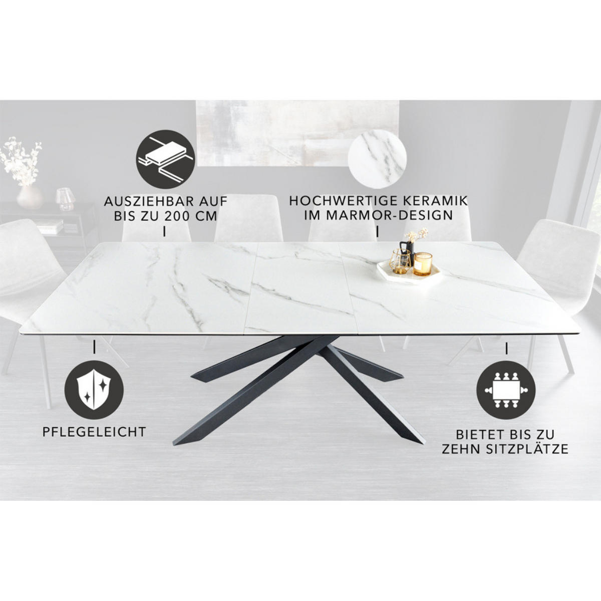 ESSTISCH ALPINE Keramik Weiß, Schwarzes 160/200 cm - Weiß/Grau, Keramik (90/160/76cm) - riess-ambiente