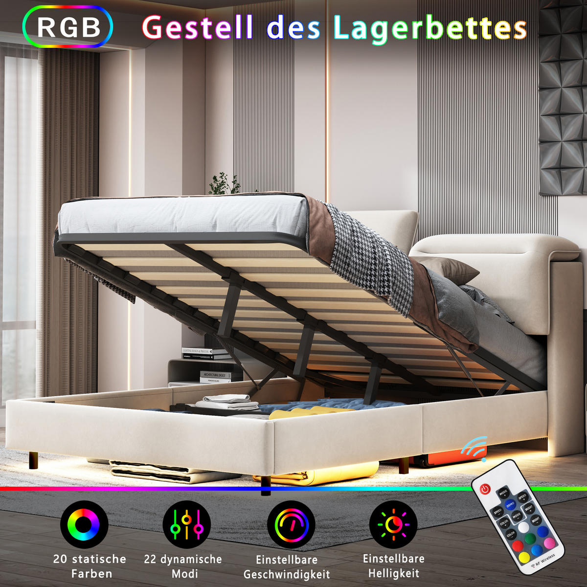 POLSTERBETT 160x200 cm, Beige, Doppelbett mit Stauraum & LED-Beleuchtung - Beige, Textil/Metall (160/200cm)