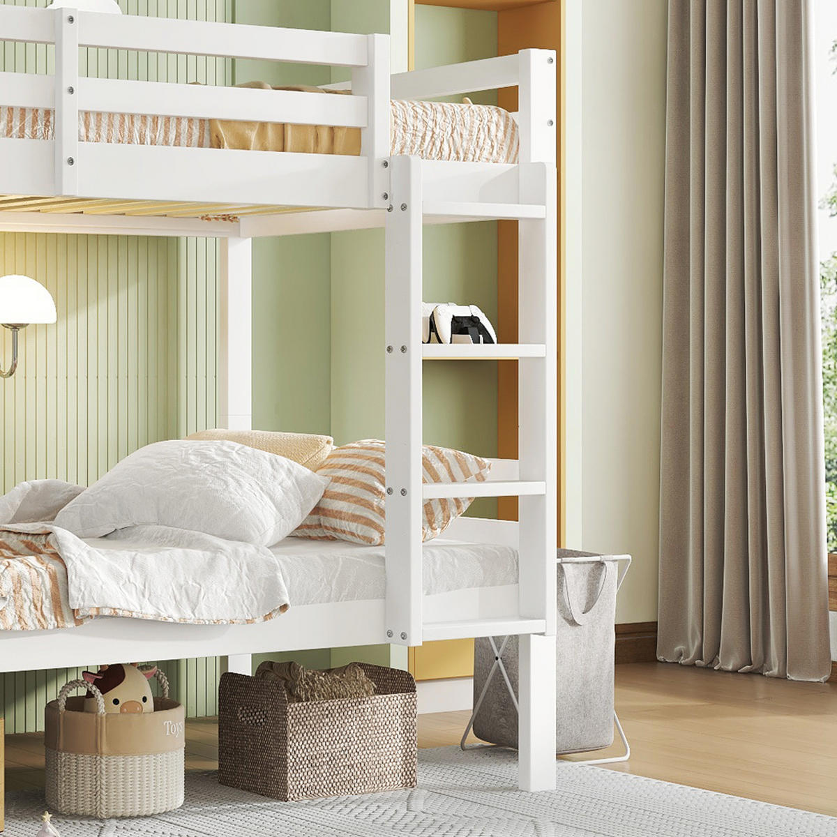 ETAGENBETT 90/200 cm Weiß aus Kiefer mit Absturzsicherung und Winkelleiter - Weiß, Holzwerkstoff (90/200cm) - OKWISH