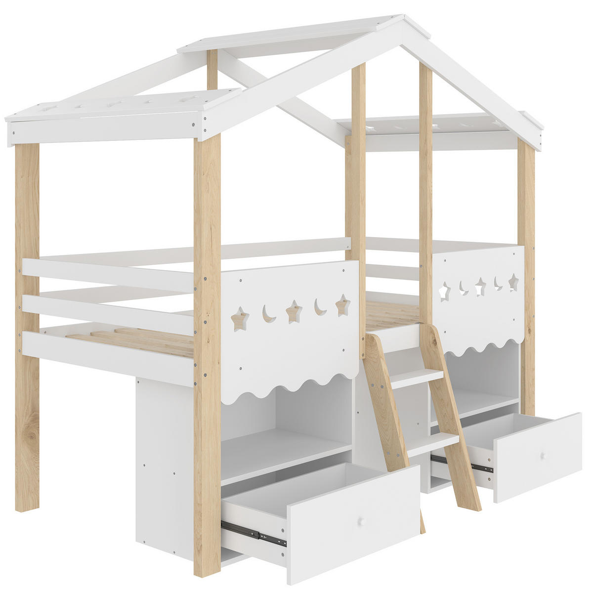 HALBHOHES Kinderbett 90/200 cm aus Kiefernholz mit LED-Beleuchtung, Hausform, 2 Schubladen und Regalen, Weiß/Natur - Weiß, Holz (90/200cm) - Redom