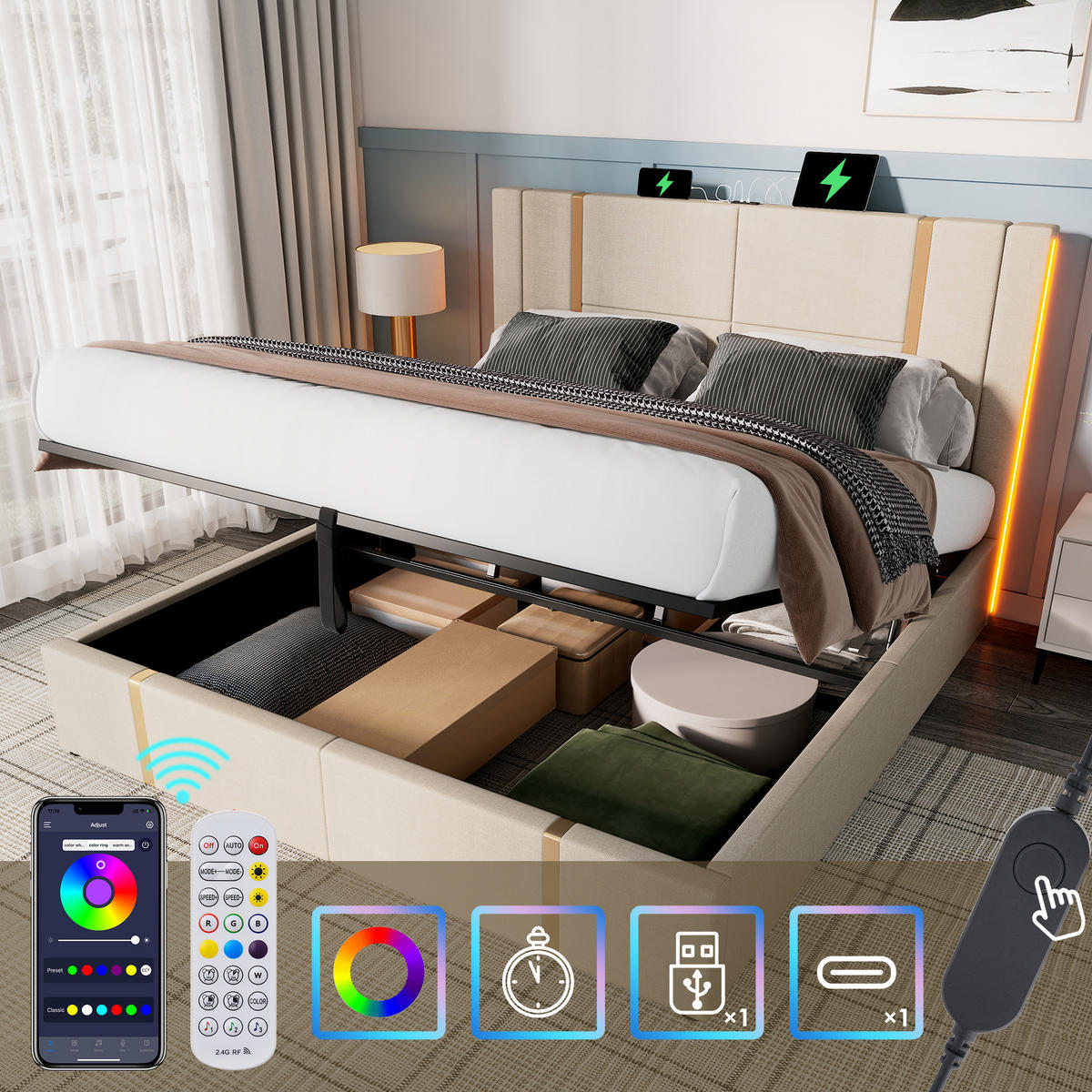 STAURAUMBETT 140/200 cm DE-00965, in Beige, LED-App, Hydraulik und Matratze - Beige, Metall (140/200cm) - ComfortXL