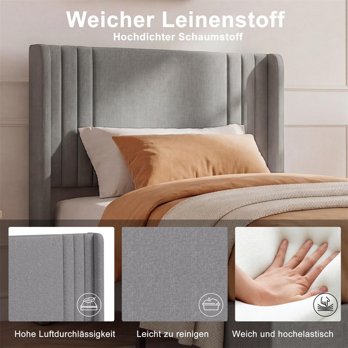 POLSTERBETT 90 x 200 cm aus Leinen mit gepolstertem Kopfteil - tabile Bettbeine ohne Matratze - Grau - Grau, Textil (90/200cm) - DELFA