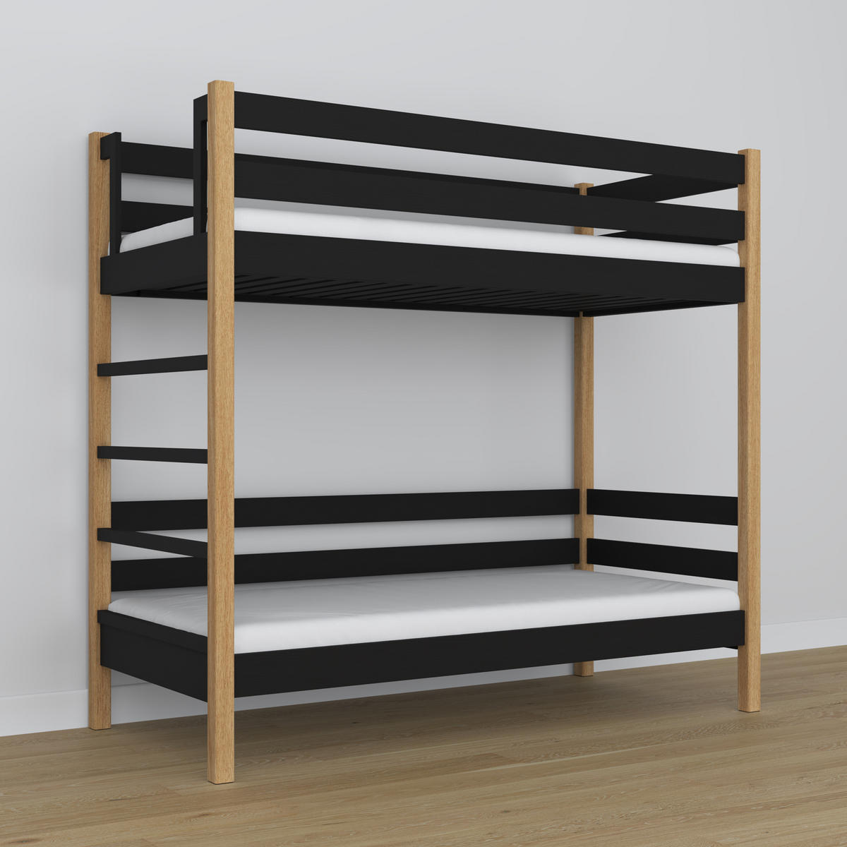 ETAGENBETT N03 Schwarz / Eiche Natur 100/200 - Schwarz/Eiche Artisan, Naturmaterialien/Holz (100/200cm) - N-Wood