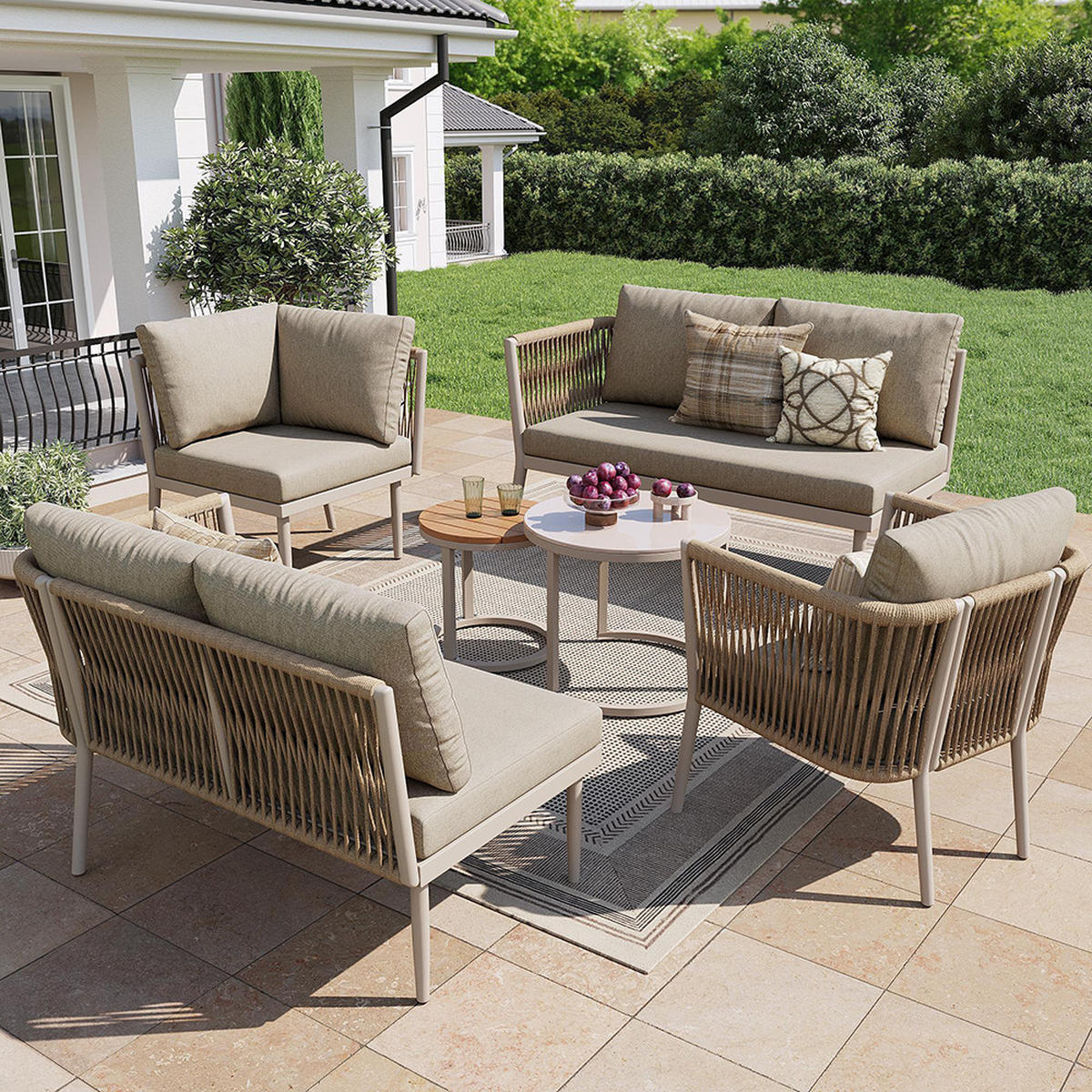 GARTENMÖBELSET 6-teiliges PE-rattan Sitzgruppe in Beige - Beige, Metall