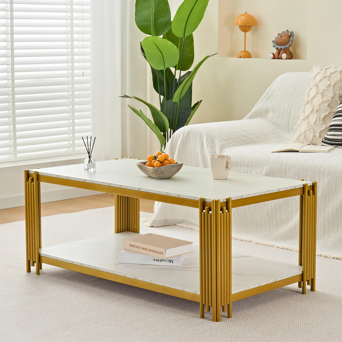 COUCHTISCH 114/64/46 cm weiß gold aus MDF mit 2 Ablagen - Weiß, Holzwerkstoff (114/64/46cm) - OKWISH