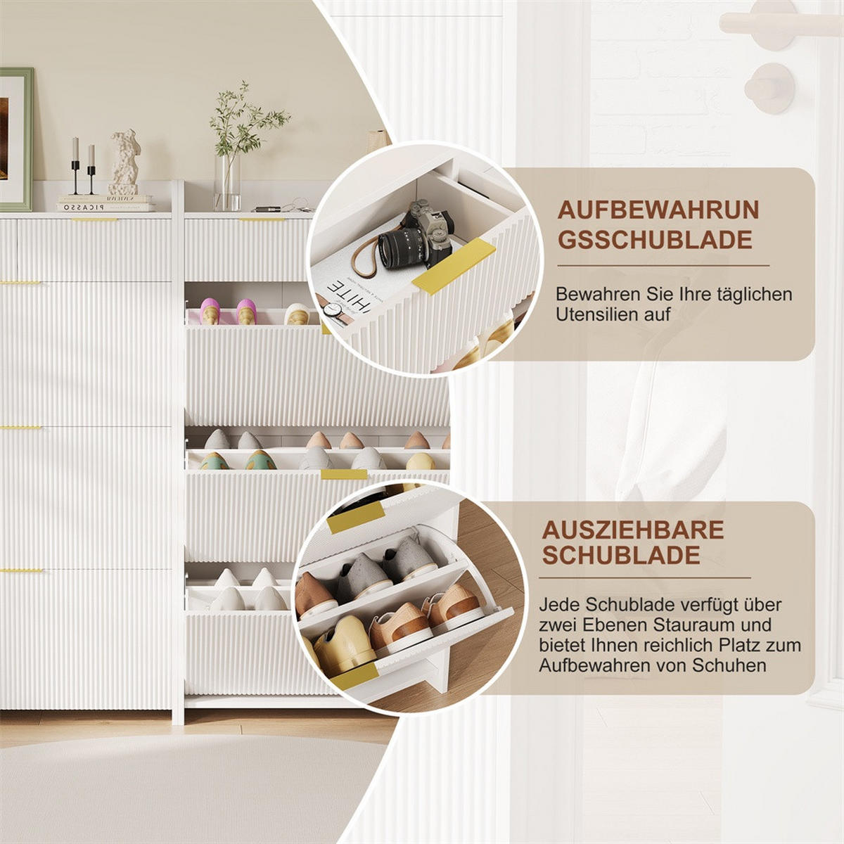 SCHUHSCHRANK im modernen Design - Kompakter Kipp-Schuhkipper mit Schubladen & 3 Klappen - Weiß - Weiß, Holzwerkstoff (24.2/133.5/77.1cm) - DELFA