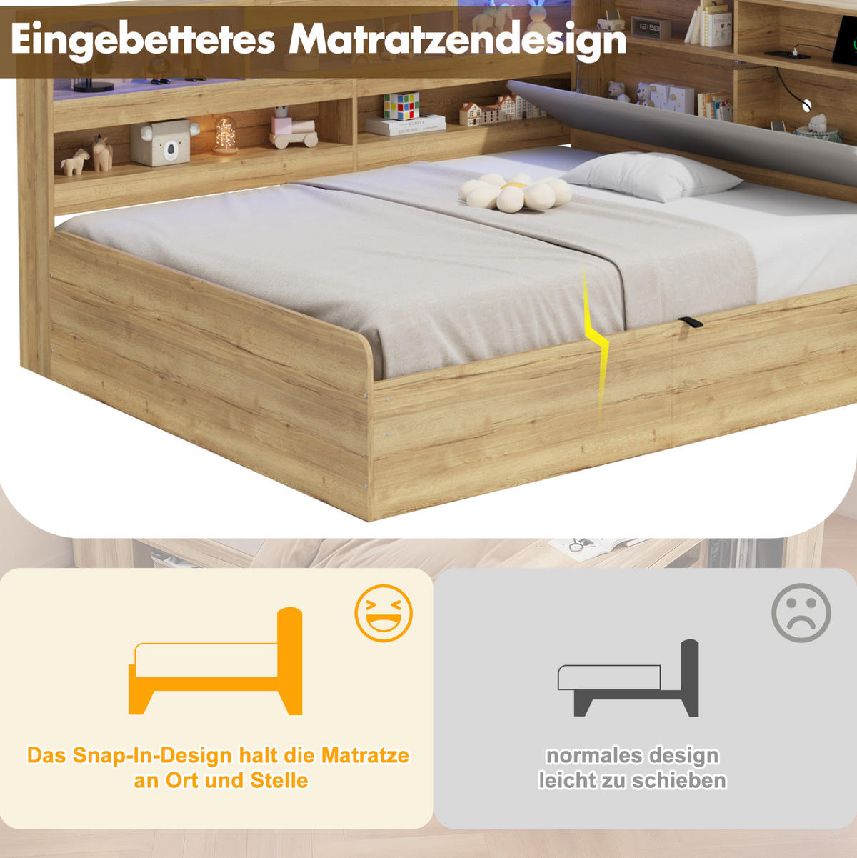 JUGENDBETT 140/200 cm natur aus MDF mit Stauraum und LED - Naturfarben, Holzwerkstoff (140/200cm) - OKWISH