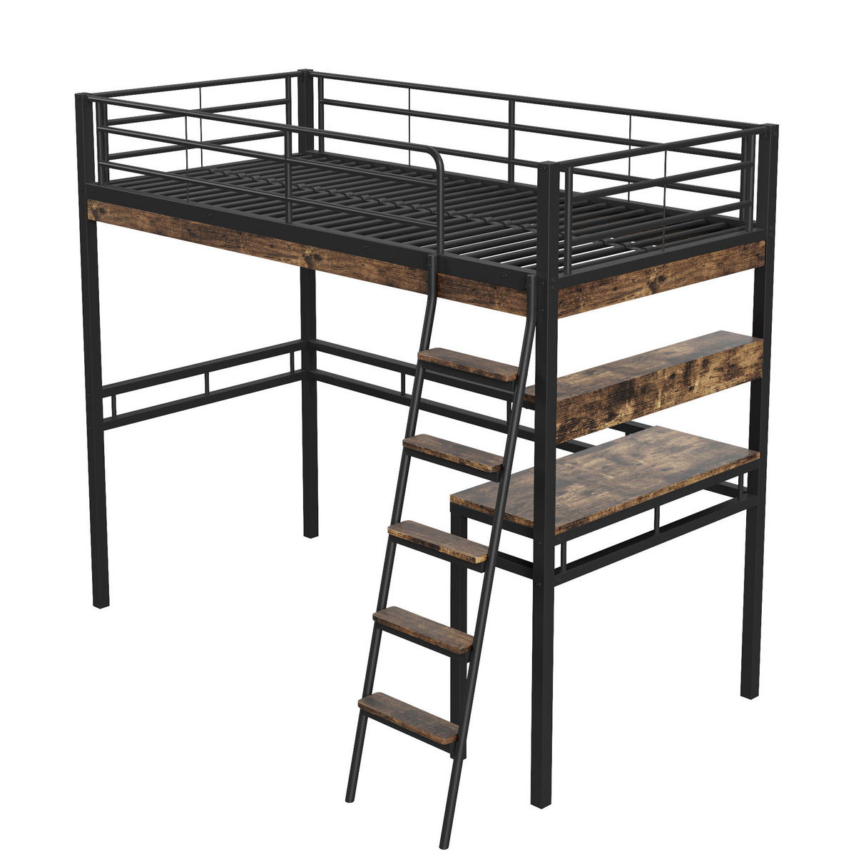 HOCHBETT 90/200 cm, Schwarz mit Schreibtisch und Regalen, ohne Matratze - Schwarz, Metall (90/200cm) - MIVRAY