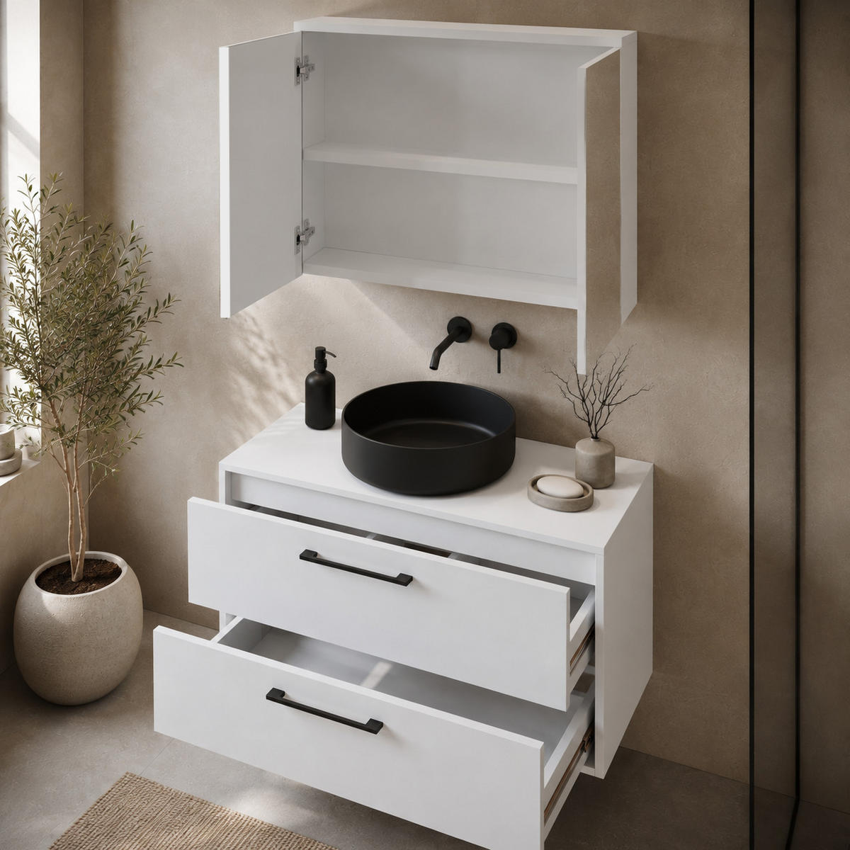 BADMÖBEL-SET Florence 2 Teile Hochglanz Weiß - 80 x 46 x 46 cm - Weiß, Holz (80/46/46cm) - Badplaats
