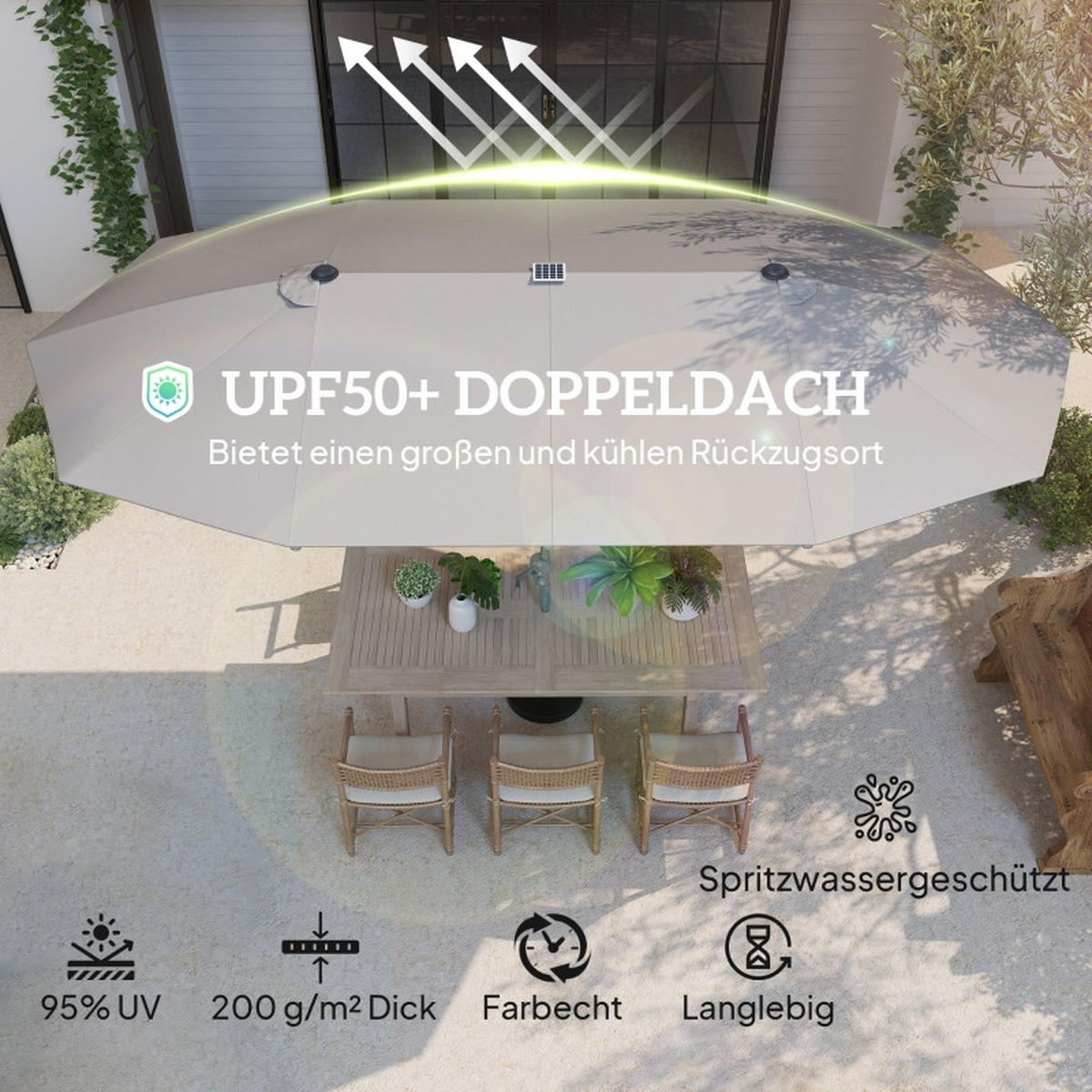 DOPPELSONNENSCHIRM MIT SOLAR-LED, 451 x 267 cm – Dunkelgrau - Grau, Metall (267/451cm) - ComfortXL