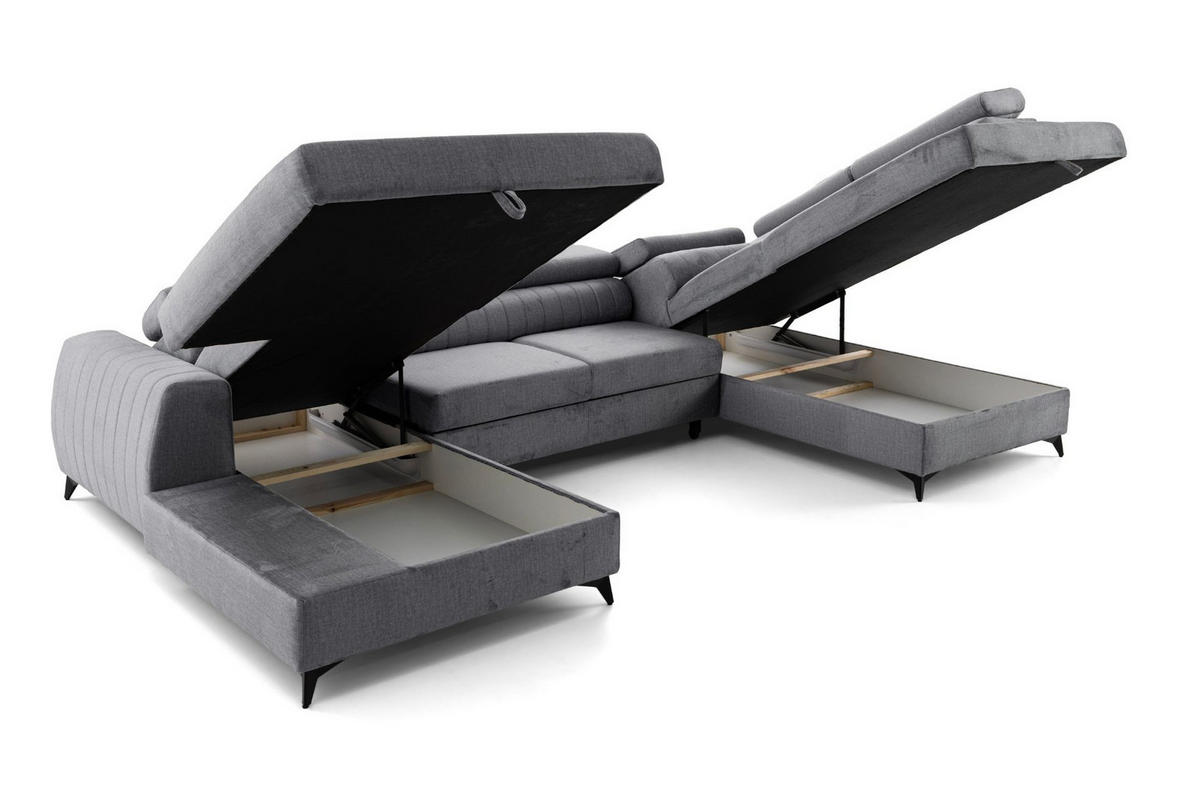 ECKSOFA U-Form PIERO U Rechts mit Schlaffunktion 125x260 Velours Grau - Schwarz/Grau, Holz/Textil (203/90/350cm) - Muffo
