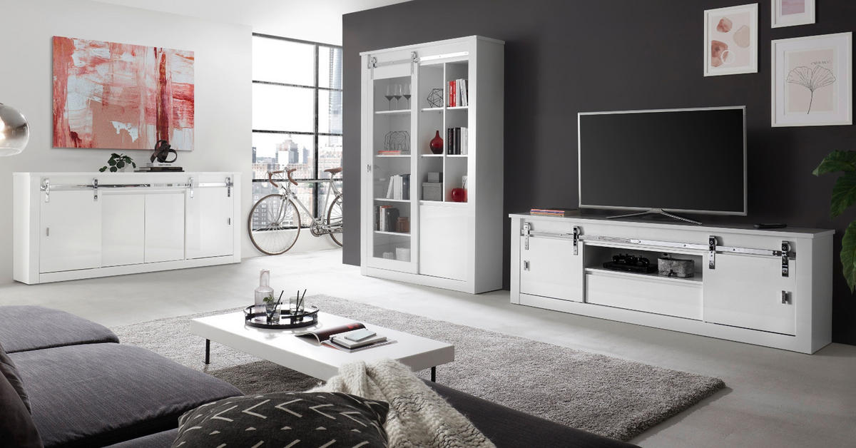 VITRINE weiß Hochglanz 133 x 201 cm, Vitrinenschrank mit Soft-Close - Chromfarben/Weiß Hochglanz, Glas/Holzwerkstoff (133/153/38cm) - Furn.Design