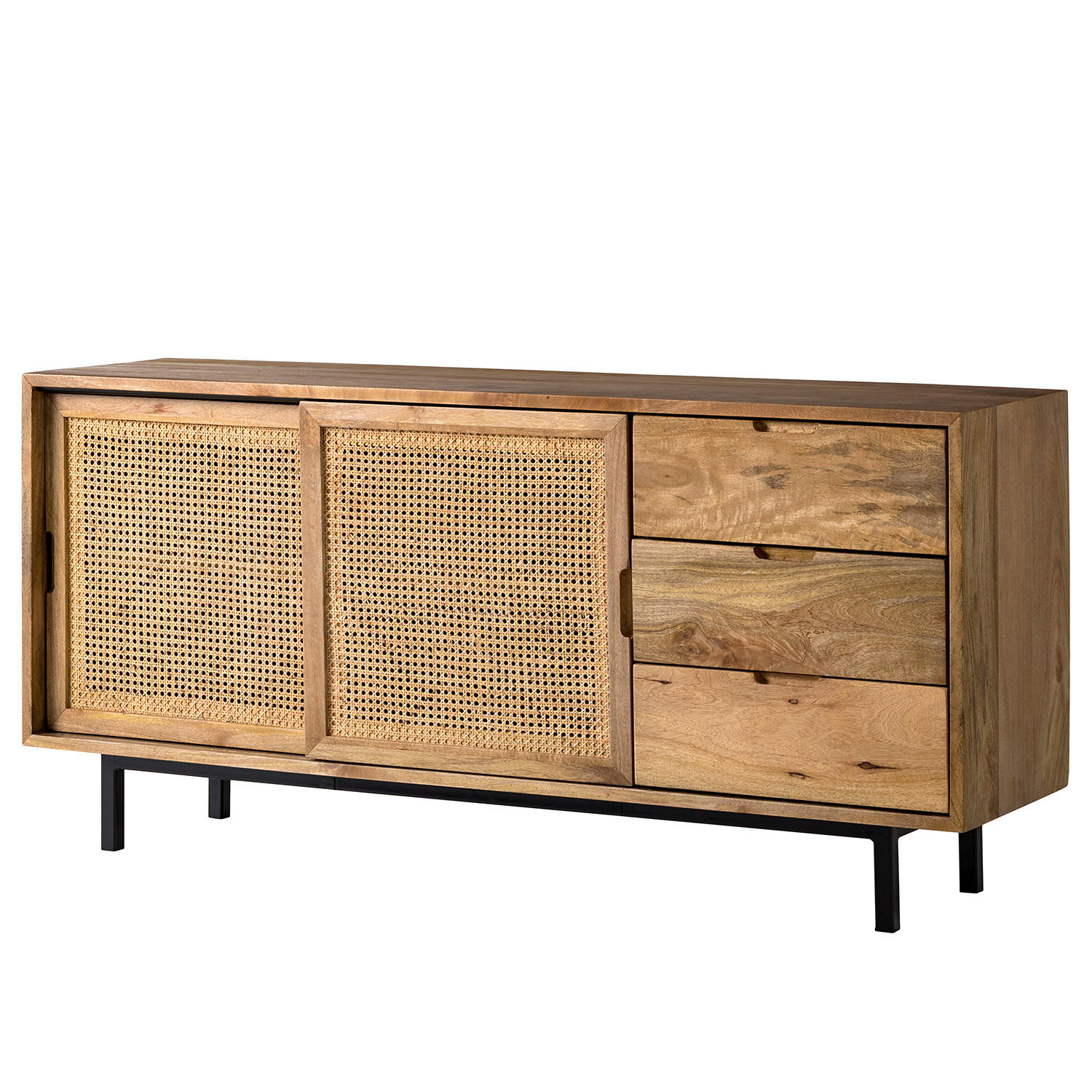 SIDEBOARD - Mango massiv / Wiener Geflecht - Beige/Schwarz, Holz (160/76/43cm) - home24