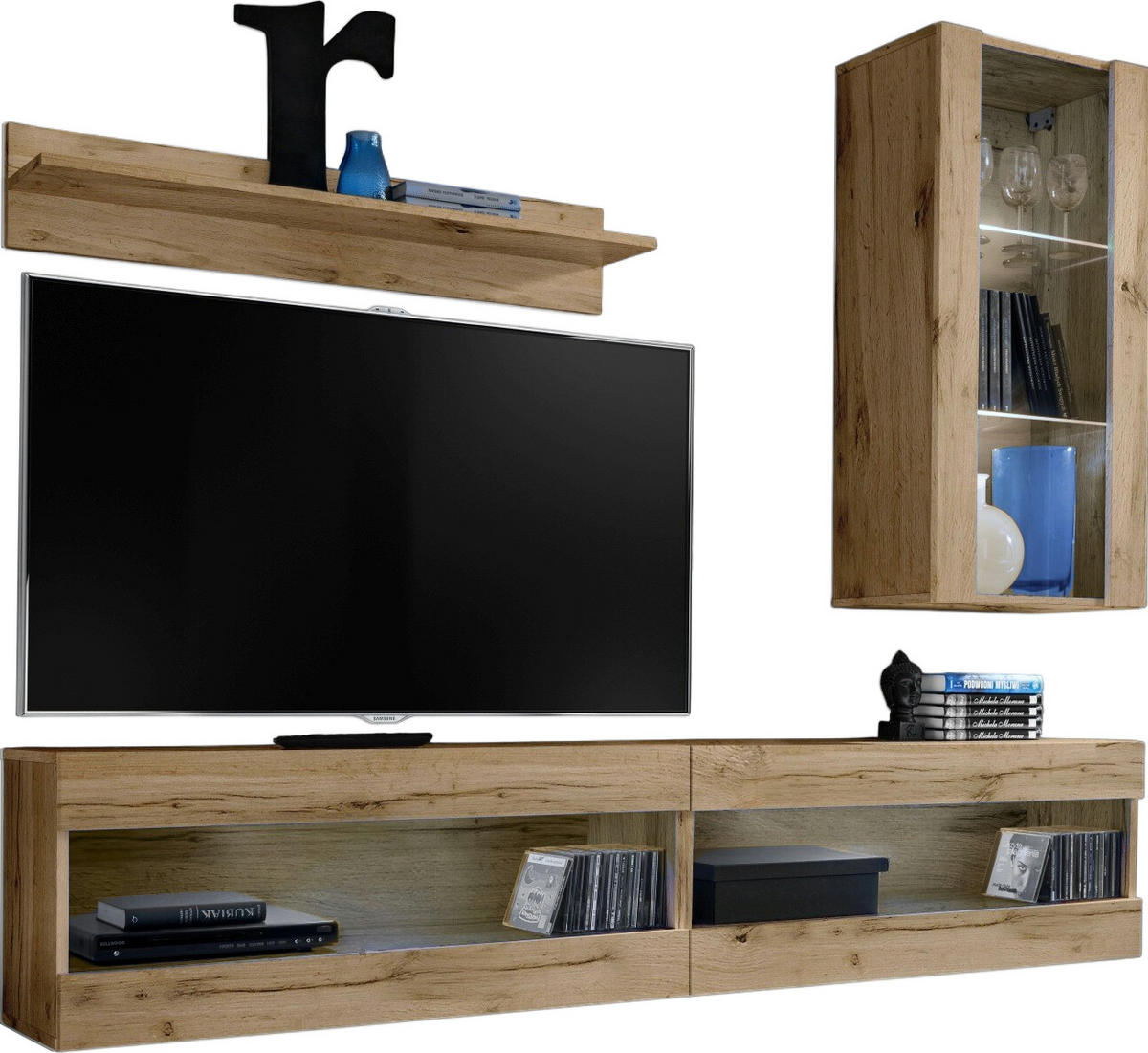 WOHNWAND 4-er Set, TIVOLI SET5 Wotan + Wotan, Offener Raum - Eiche Wotan/Schwarz, Glas/Holzwerkstoff (240/195/35cm) - Komodee