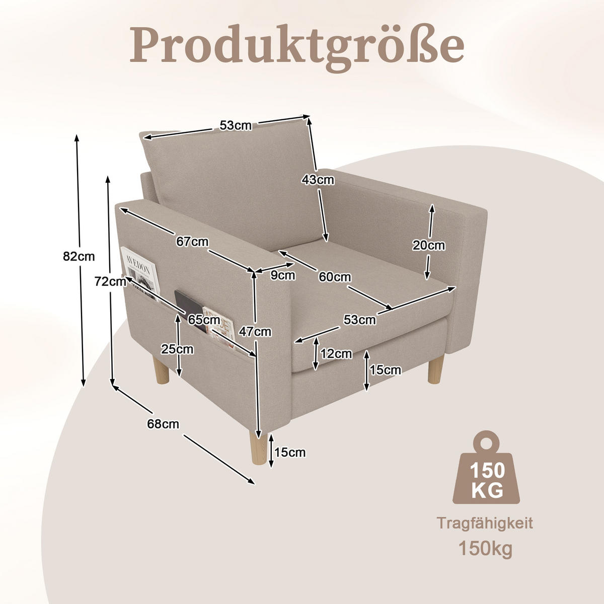 SESSEL Chenille Khaki mit Seitentasche und Kissen - Hellbraun, Holz/Holzwerkstoff (71/82/68cm) - WISHDOR