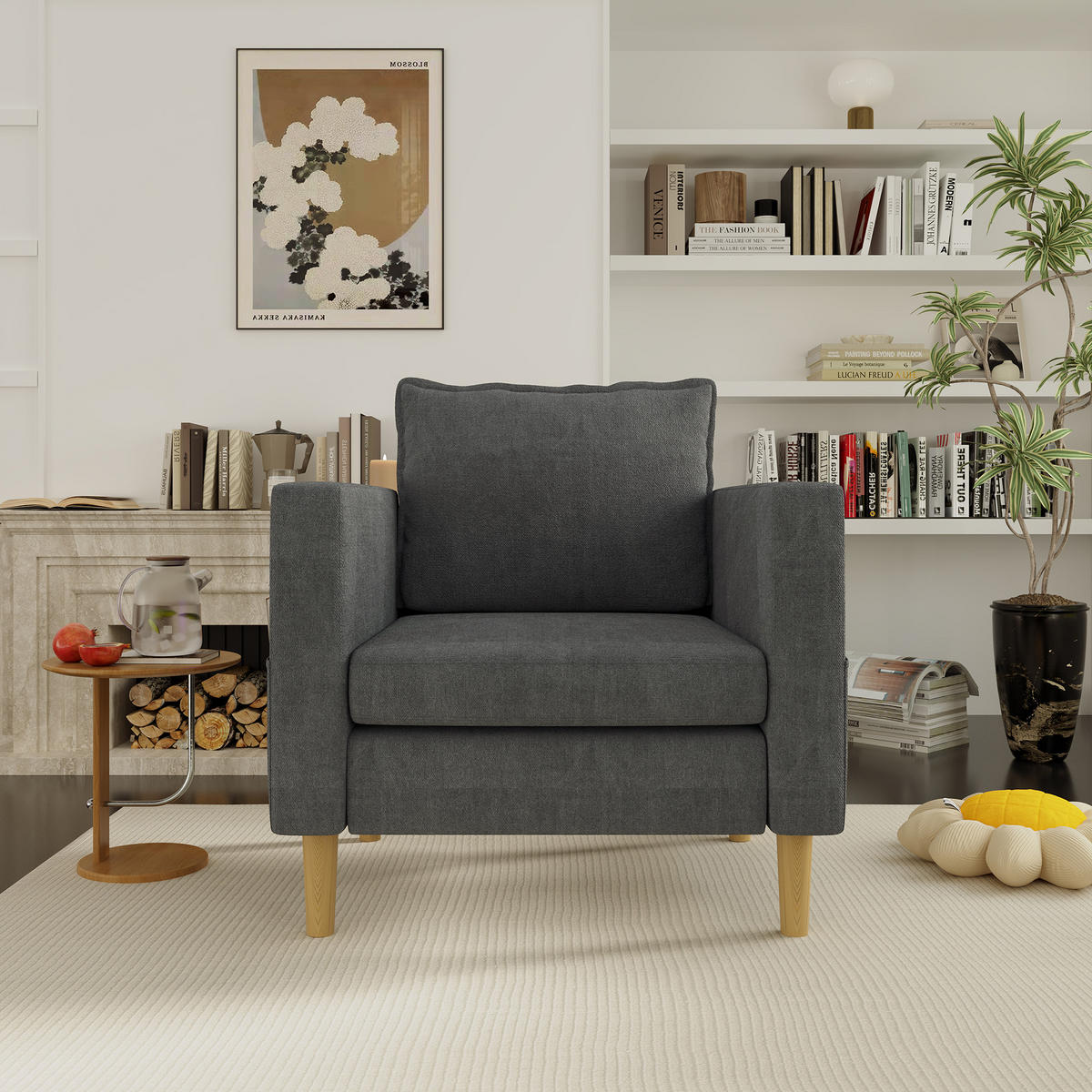 SESSEL Chenille Grau mit Seitentasche und Kissen - Grau, Holz/Holzwerkstoff (71/82/68cm) - WISHDOR