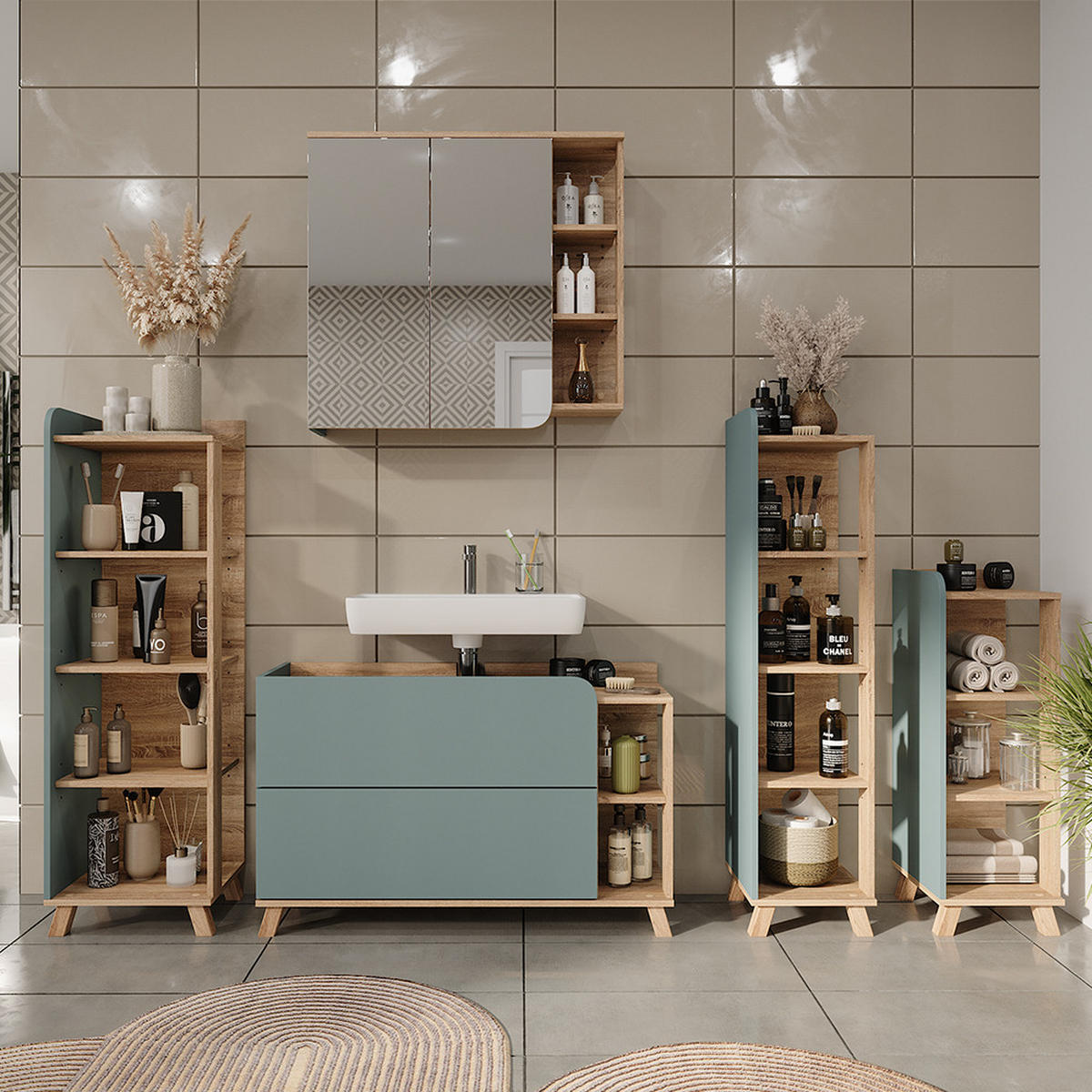 MIDISCHRANK Karen Sonoma/Blau 30 x 90 cm mit 4 Ablagen - Dunkelblau/Sonoma Eiche, Holzwerkstoff (30/90/35cm) - Vicco