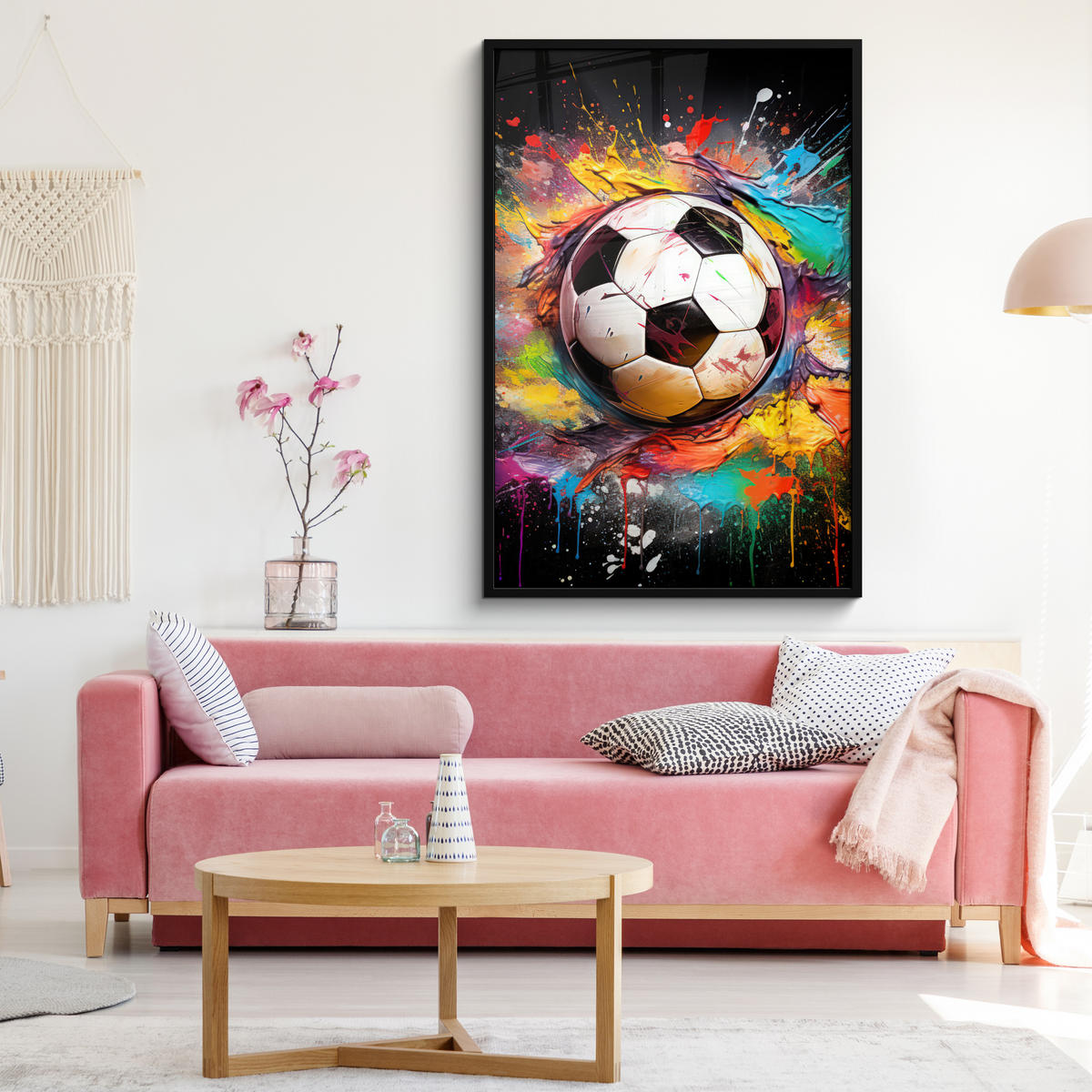 GERAHMTES BILD Fußball - Farbe - Farben - Schwarz - Weiß 80x120 cm - Weiß, Papier (80/120cm) - MuchoWow
