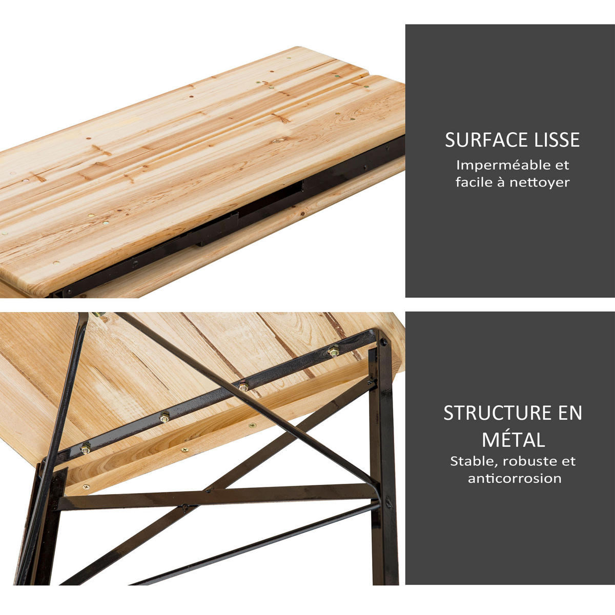 GARTENTISCH-SET DE-14074 klappbar, mit 2 Bänken Schwarz - Naturfarben, Holz - ComfortXL