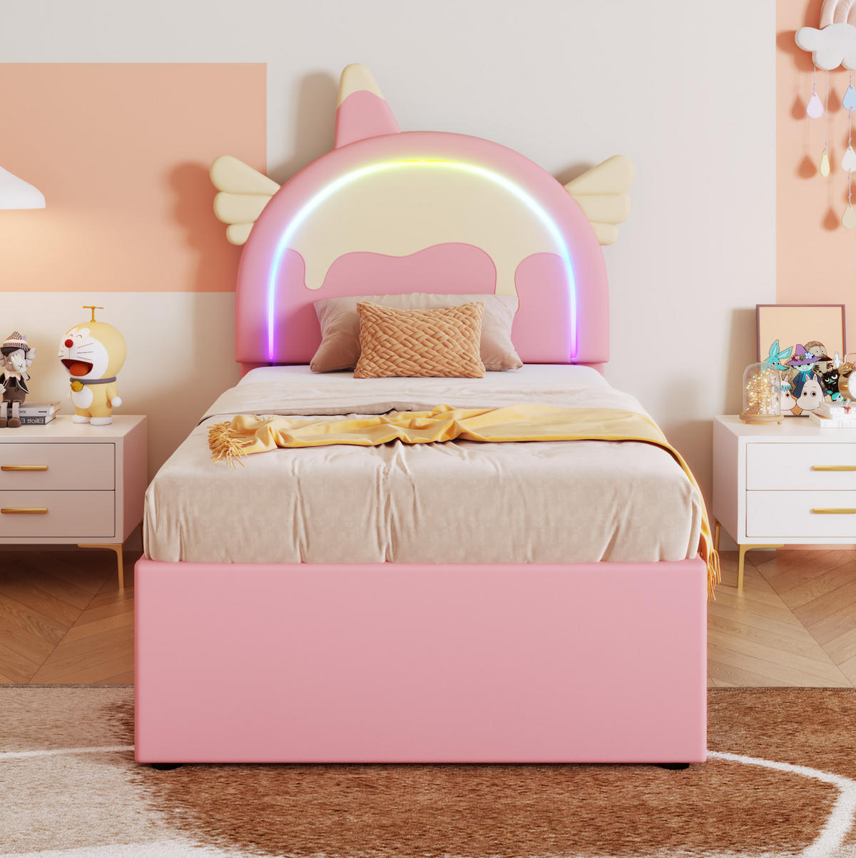 KINDERBETT 90/200 cm aus PU und MDF mit Einhorn-Kopfteil und ausziehbarem Rollbett Rosa - Rosa, Kunststoff (90/200cm) - Modenvie