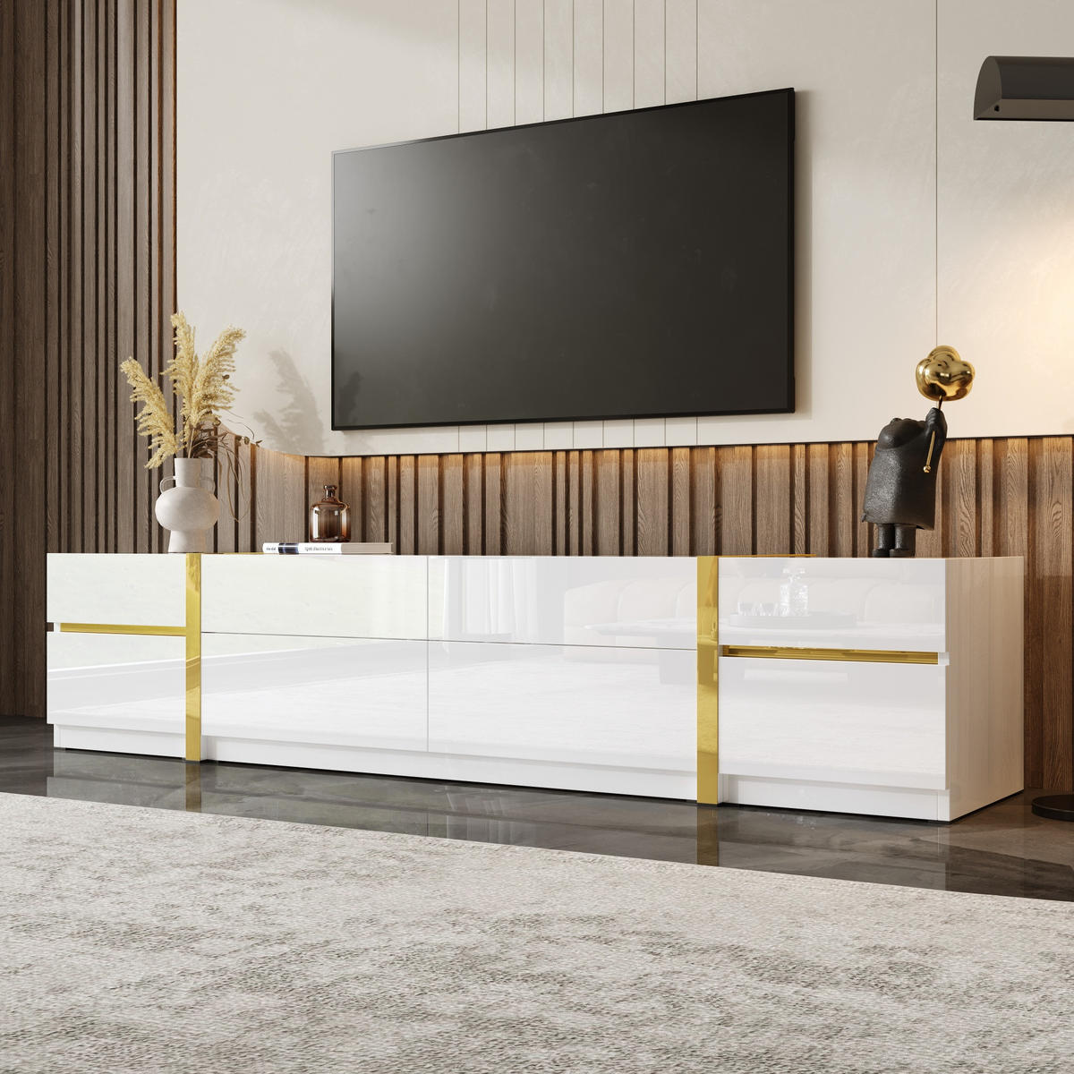 TV-SCHRANK Lowboard Hochglanz Goldkante Türen Schubladen - Weiß, Holz (180/38/40cm) - LEBENLANG