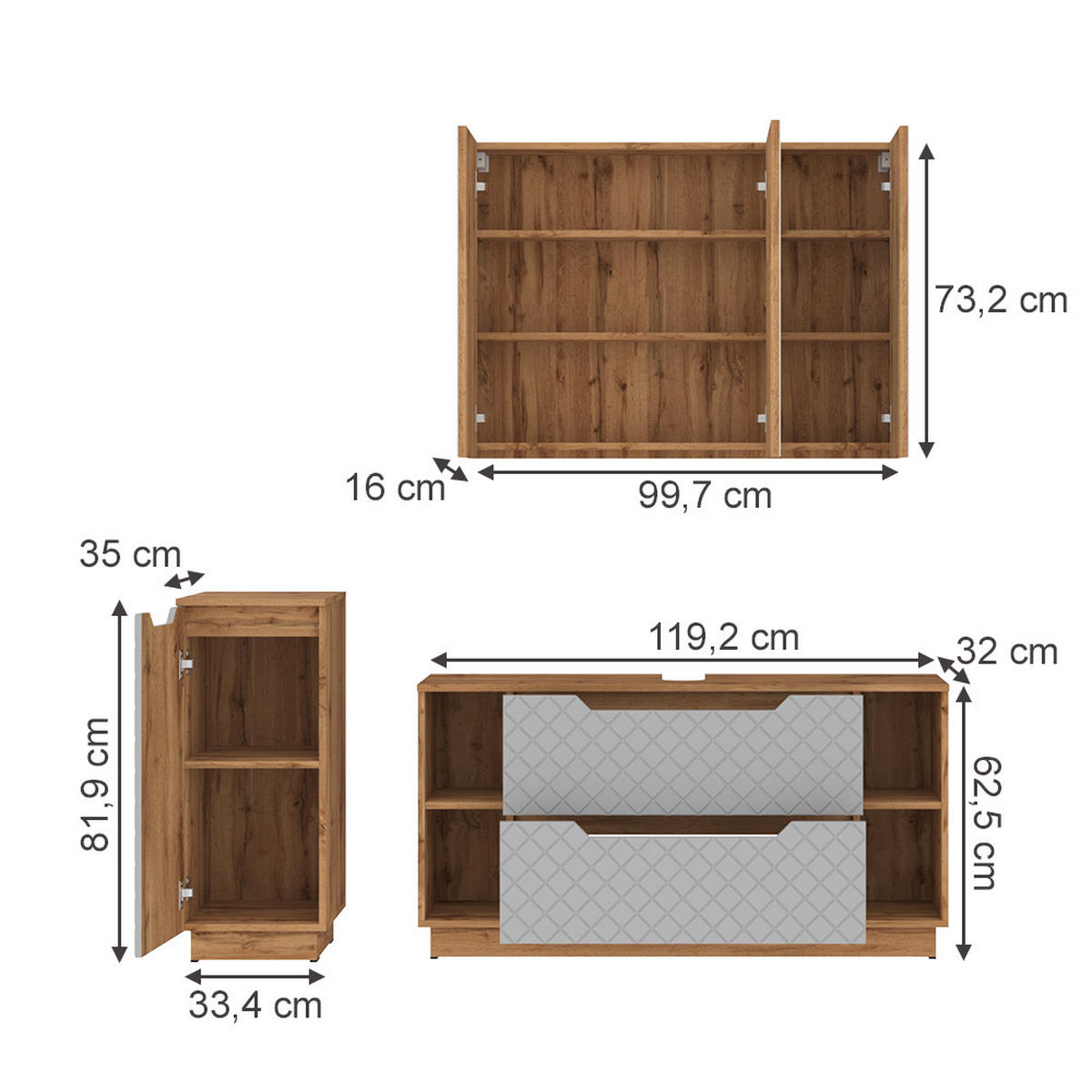 KOUPELNOVÝ NÁBYTEK Lotta Dub/šedá se strukturou dlaždic - šedá/barva dubu, kompozitní dřevo (119.2/62.5/35cm) - Vicco
