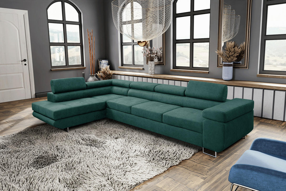 ECKSOFA Marlene IV L-Form mit verstellbaren Kopfstützen Schlaffunktion Bettkasten 347 cm links grün - Grün, Kunststoff (347/202cm) - Margaret Hadas24