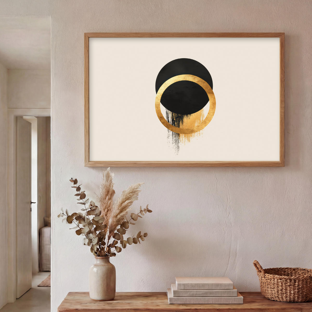 WANDLEUCHTE MIT AKKU Abstraktes Design - Schwarzer Kreis - Farbflecken 100x70 cm - Creme, Holzwerkstoff (100/70/8cm) - OnlyWow