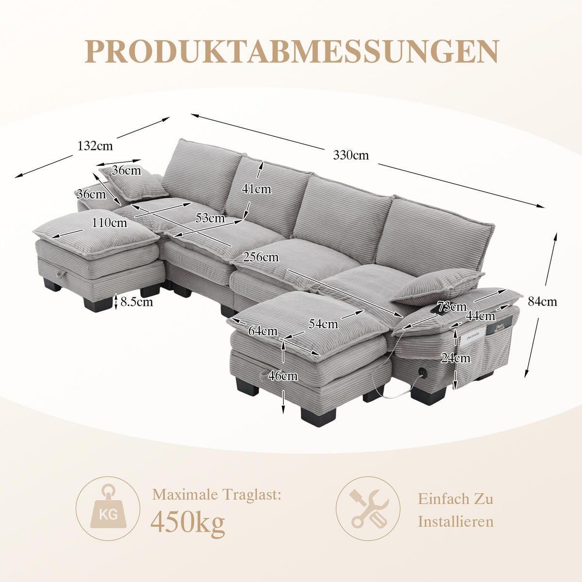 WOHNLANDSCHAFT Cord Hellgrau mit 2 Hocker, USB-C und Seitentaschen - Hellgrau, Holzwerkstoff/Kunststoff (330/84/132cm) - WISHDOR