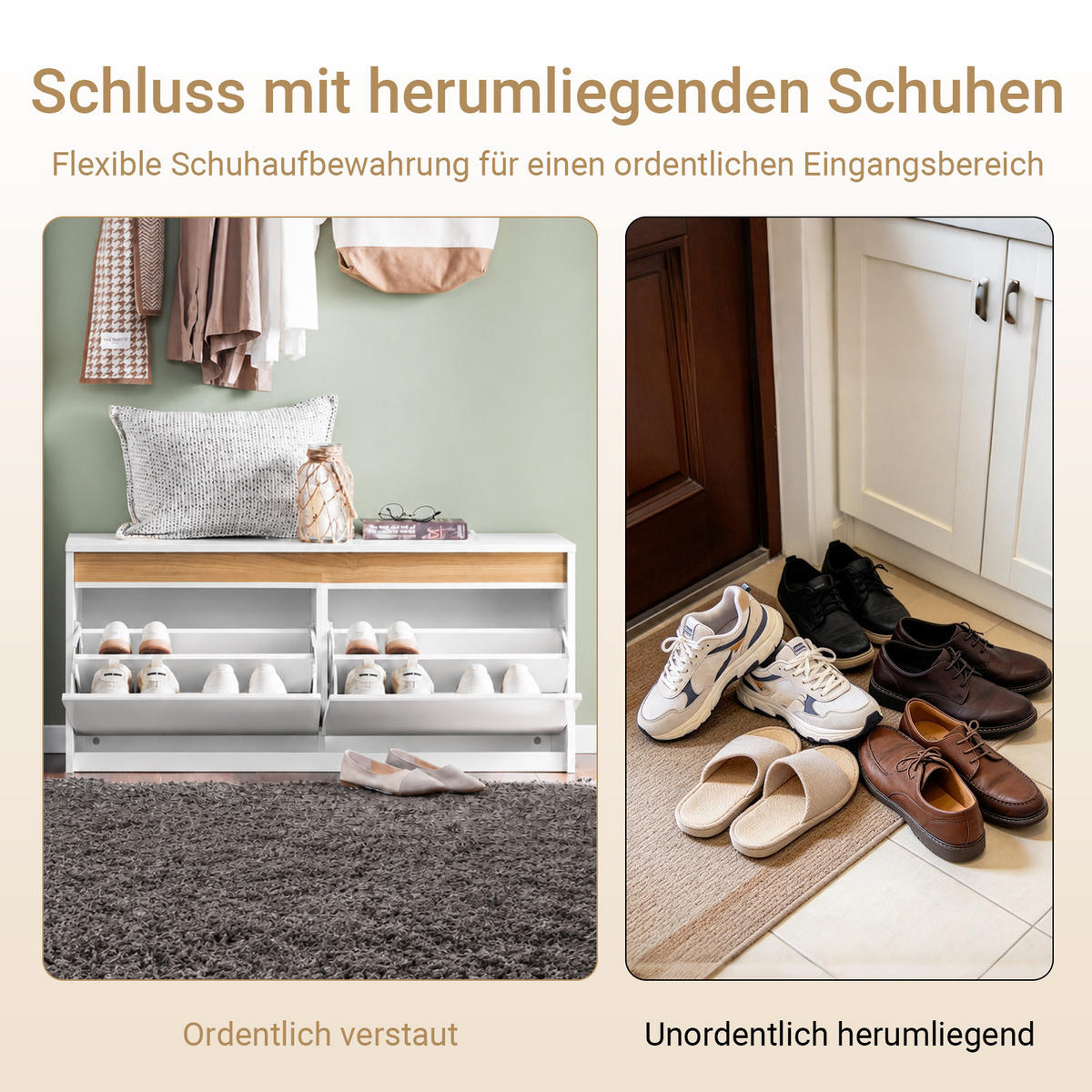 SCHUHBANK mit 2 Klappen, 104x47x30 cm, Weiß mit Holz-Sitzfläche, 8 Paar Schuhe, für Flur, Diele & Schlafzimmer - Weiß, Holzwerkstoff (104/47/30cm) - SoBuy