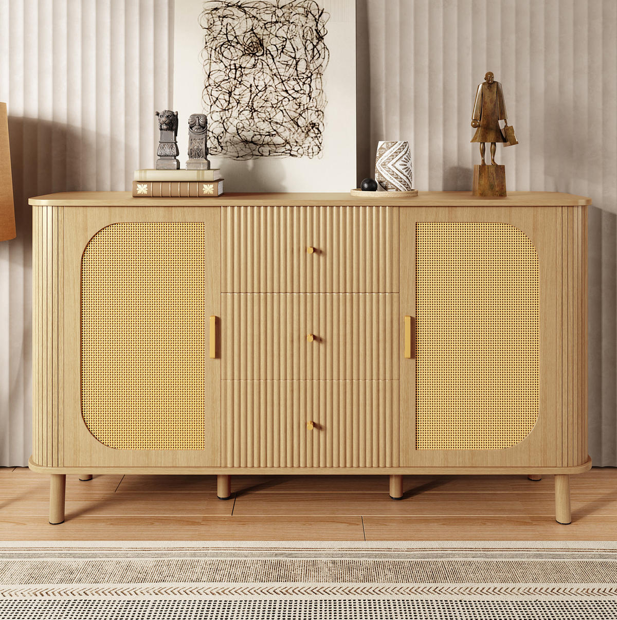 SIDEBOARD 140/40/80 cm in Naturfarbe mit 2 Türen, Schubladen & Metallbeinen - Naturfarben, Holzwerkstoff (140/80/40cm) - BEAOK