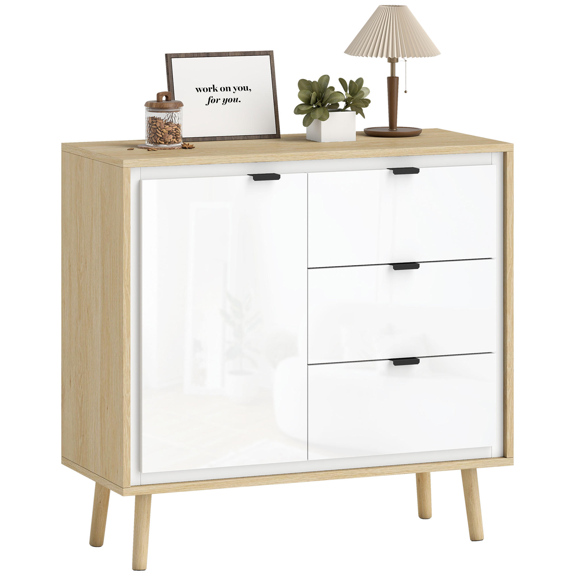 SIDEBOARD Weiß und Eiche-Nachbildung, 2 Türen, 3 Schubladen, 80/35/77 cm - Weiß Hochglanz, Holz (80/77/35cm) - PANGIVO