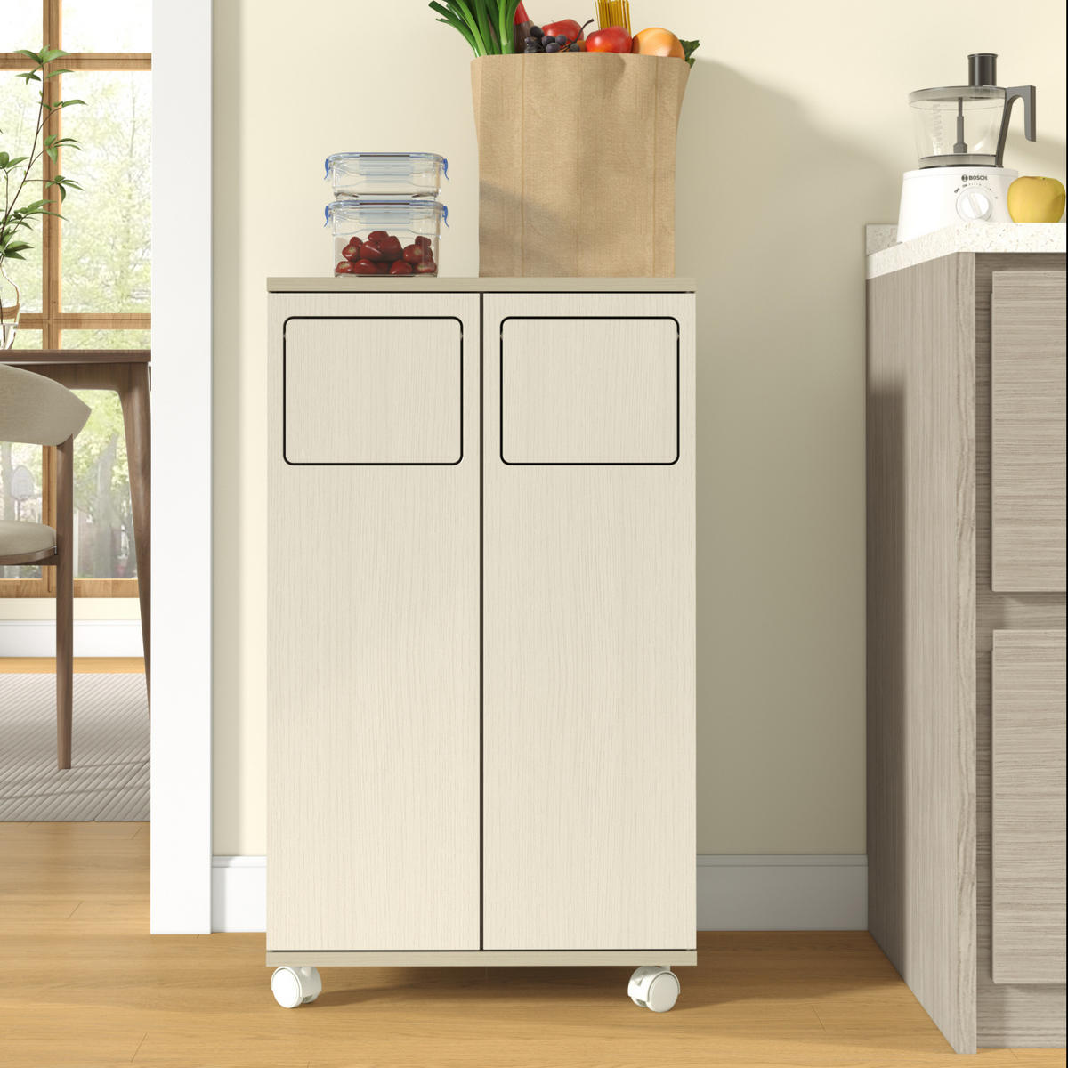 SKŘÍŇKA na tříděný odpad z MDF 46,7x35x80 cm bílá na kolečkách se 2 přihrádkami - bílá, kompozitní dřevo (46/80/35cm) - Modfu