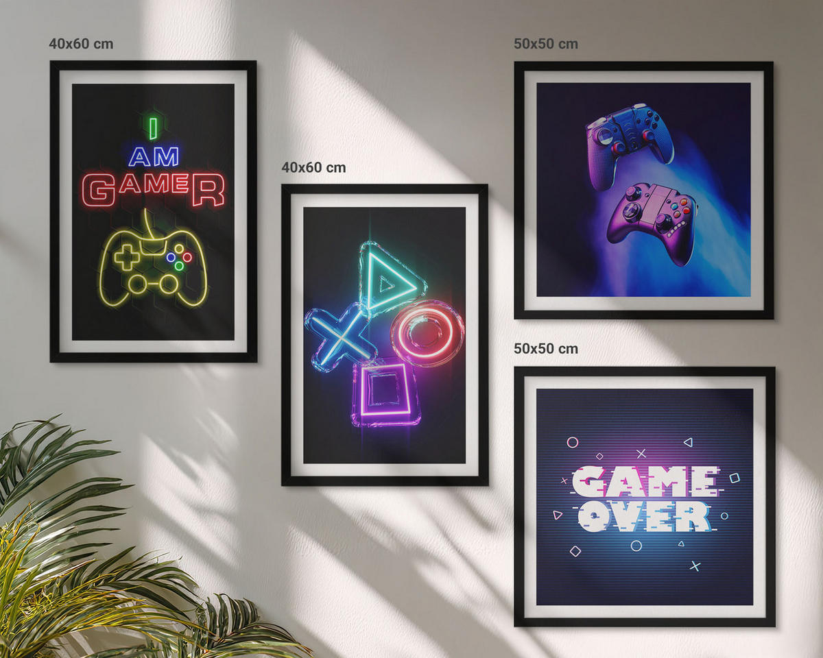 BILDER SET 4er Set - 50x50 cm & 40x60 cm Schwarzer Rahmen - Gamepads, Spielersymbol-Untertitel - Schwarz, Kunststoff (50/50cm) - TULUP