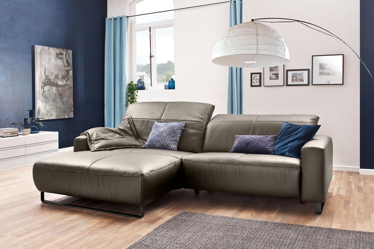 ECKSOFA YORK Lavagrau Leder - Greige/Schwarz, Leder (284/180cm) - KAWOLA