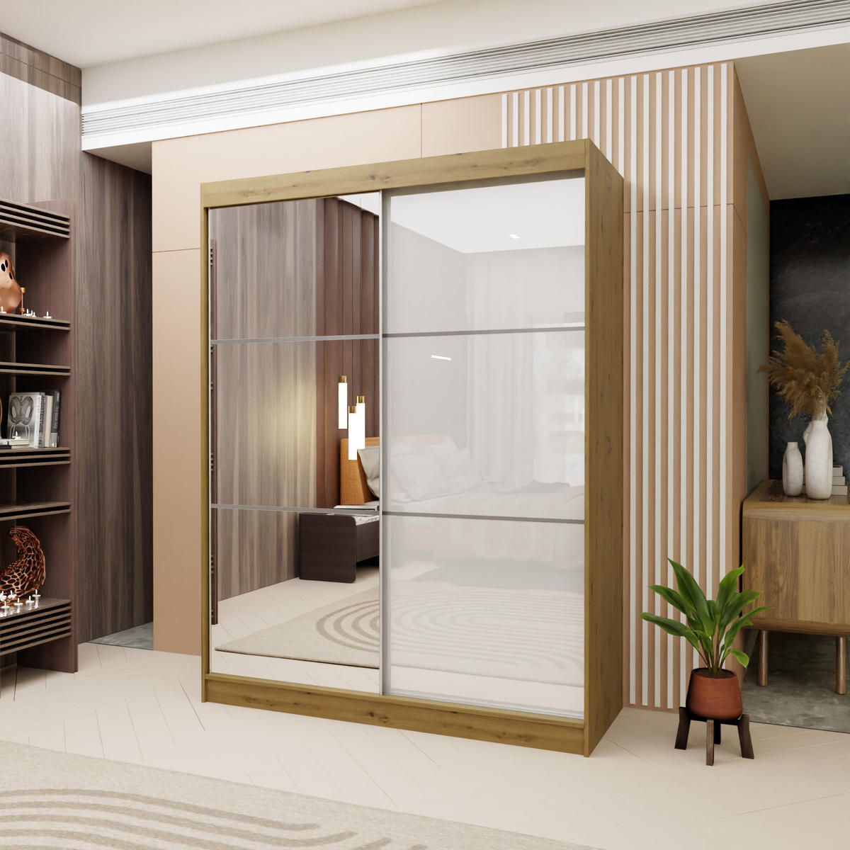 SCHWEBETÜRENSCHRANK VITALE 150/216/61 cm 2-türig mit Spiegel Eiche Artisan - Weiß/Eiche Artisan, Holzwerkstoff (150/216/61cm) - MASSENO