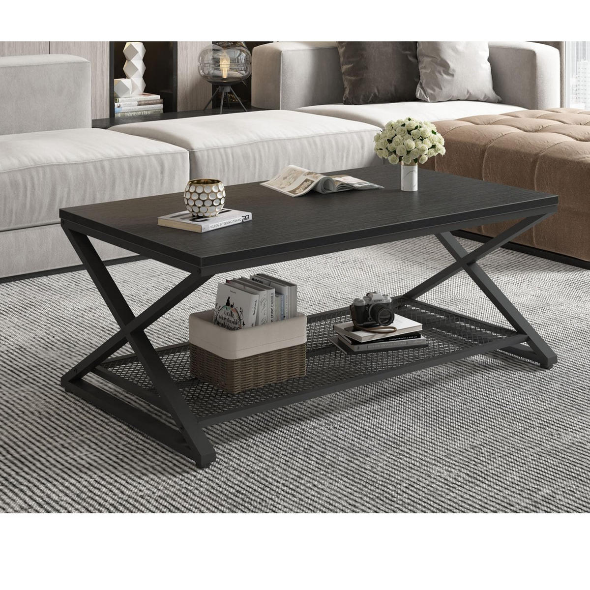 COUCHTISCH Holz Metall Industrial mit Ablage 120 x 60 x 45 cm - Schwarz, Holzwerkstoff/Metall (60/120/45cm) - Quality Elegance