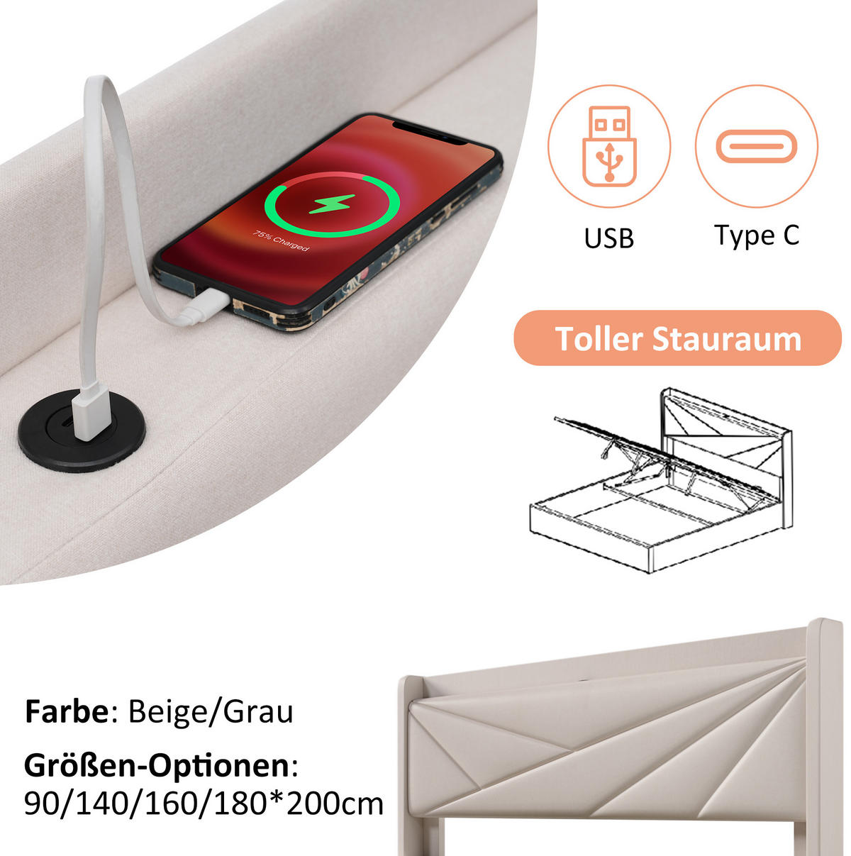 BETT mit Bettkasten und USB 140x200 cm Beige mit Matratze - Beige, Metall (140/200cm) - Meubliv