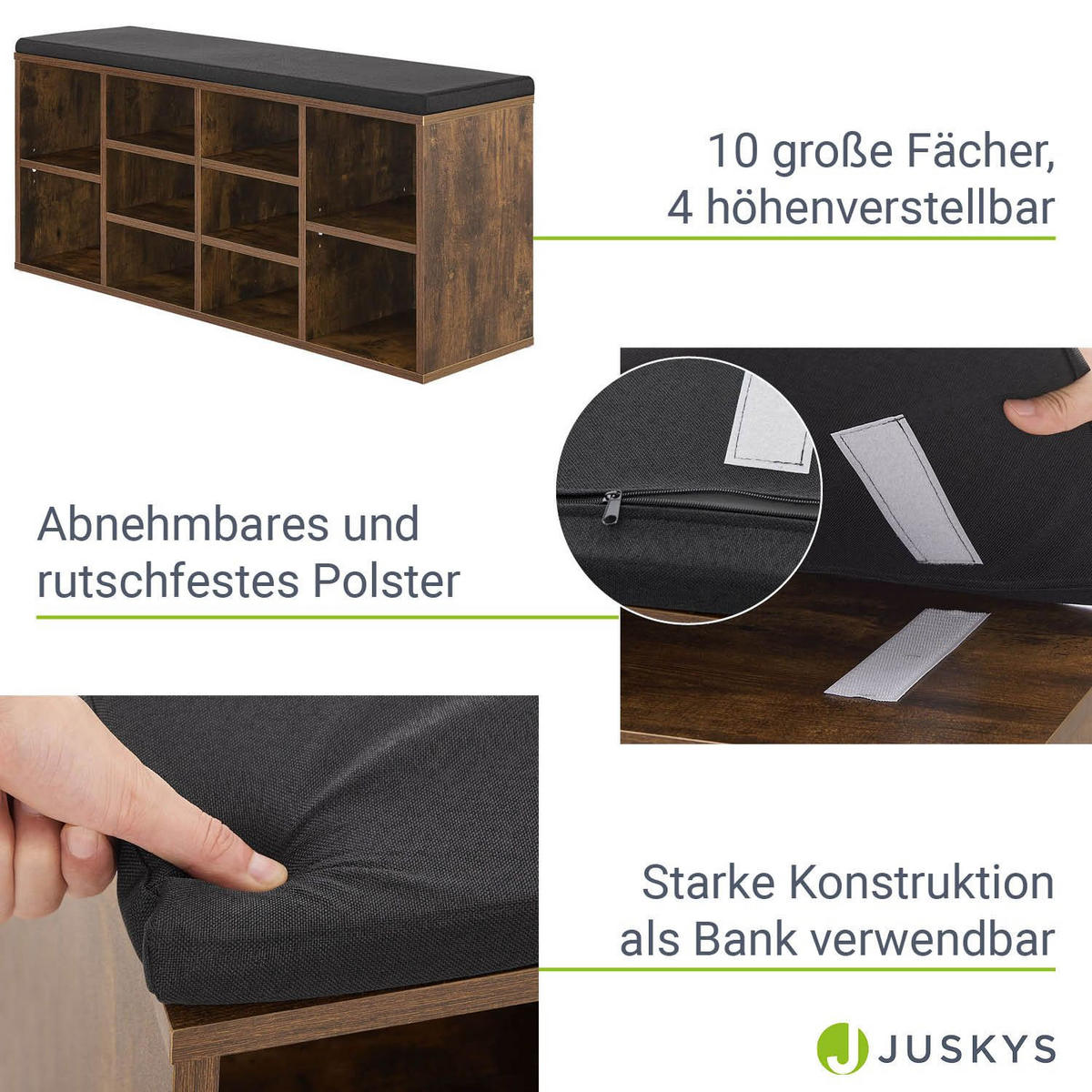 SCHUHREGAL mit Polsterung & 10 Fächern Antikbraun 104 x 30 x 48 cm - Braun, Holz (30/48/104cm) - Juskys