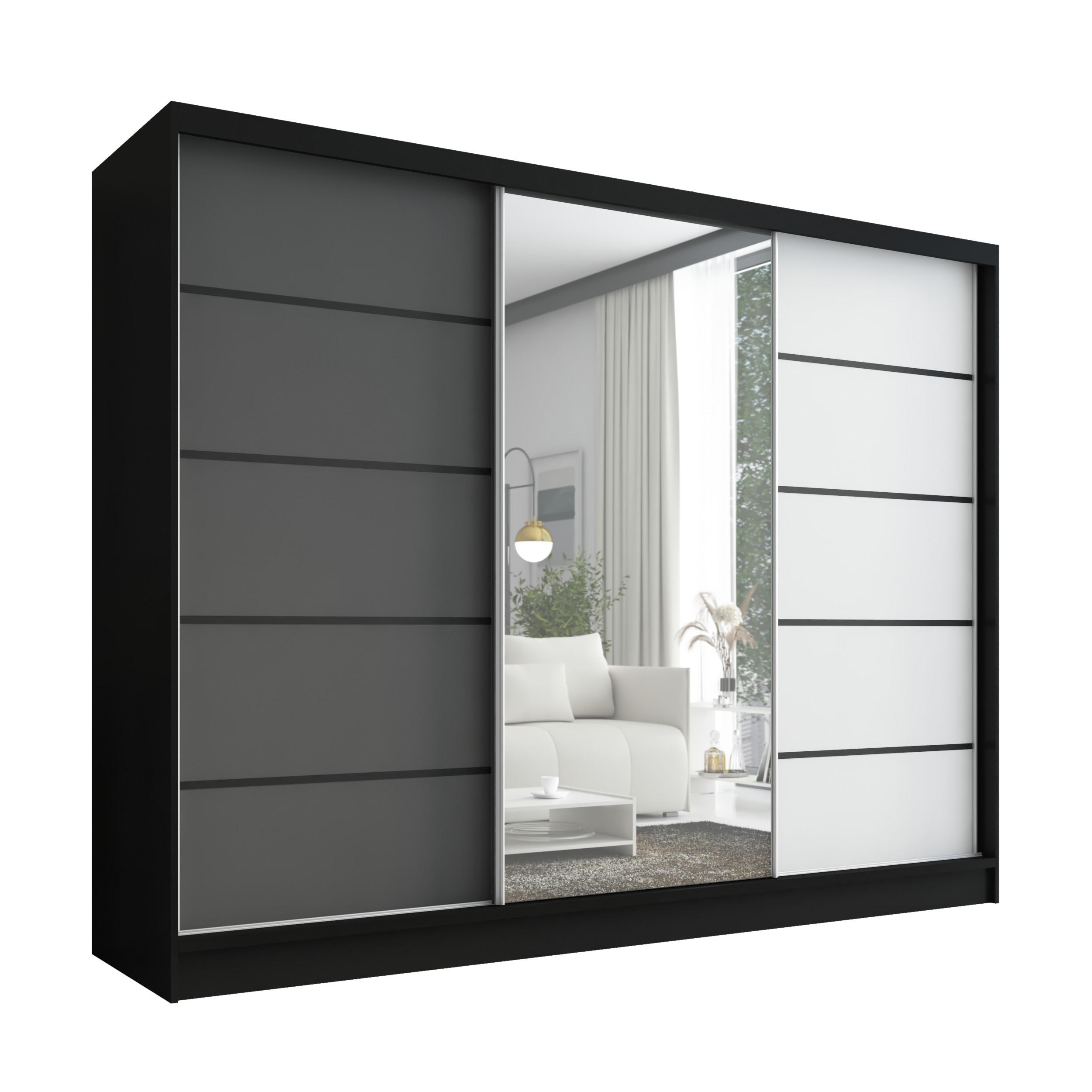 A&J MöbelLand Schwebetürenschrank Schwarz, Graphit, Weiß 200x215x60 cm