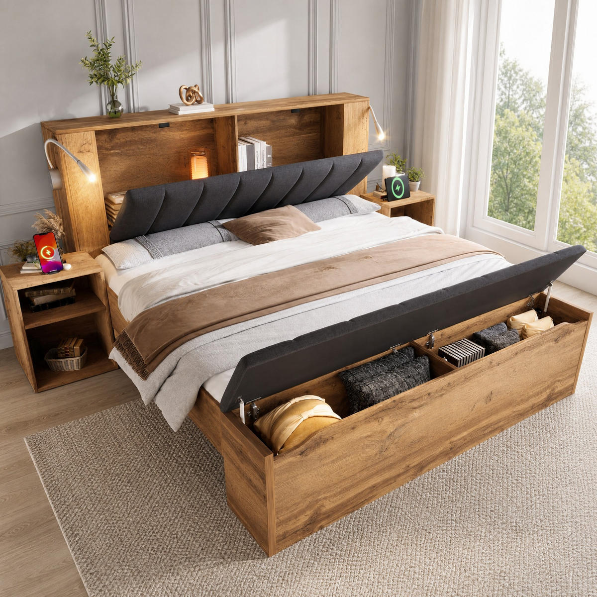 BETT 180/200 mit Bettbank, USB und Leselampen in Eiche - Eichefarben/Grau, Holzwerkstoff/Textil (180/200cm) - EVRYAE