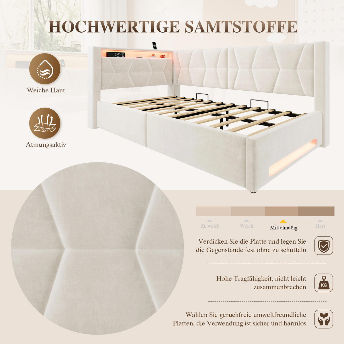 POLSTERBETT 90/200 cm in Beige mit Stauraum, LED-Beleuchtung und USB-Anschlüssen - Beige, Metall (90/200cm) - Flora Grace