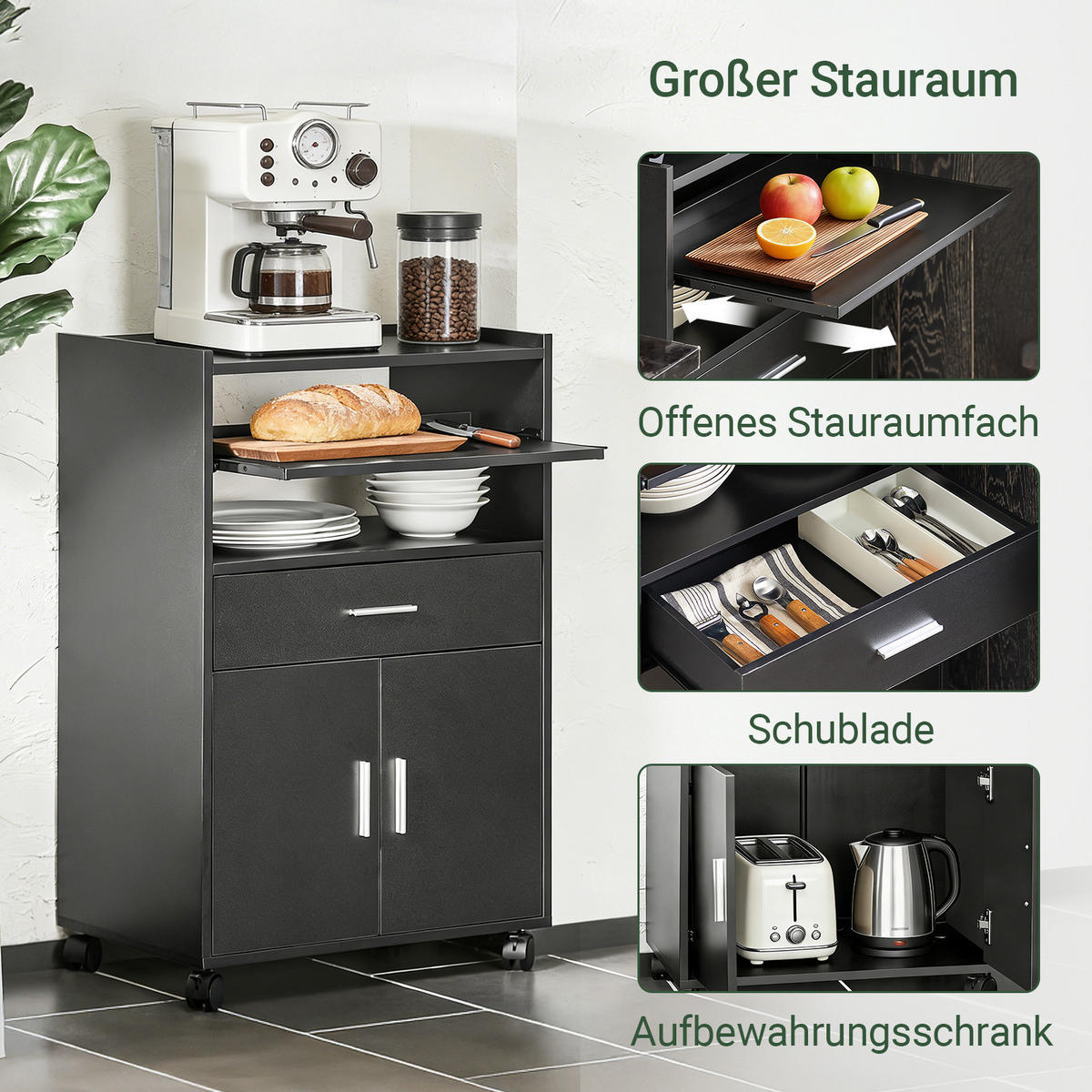 KÜCHENWAGEN Schwarz, Mikrowellenschrank mit Ausziehplatte und Bremsrollen, 59 x 92 x 40 cm, Schublade, 2 offene Fächer, 60 kg Tragkraft - Schwarz, Holzwerkstoff (59/92/40cm) - SoBuy