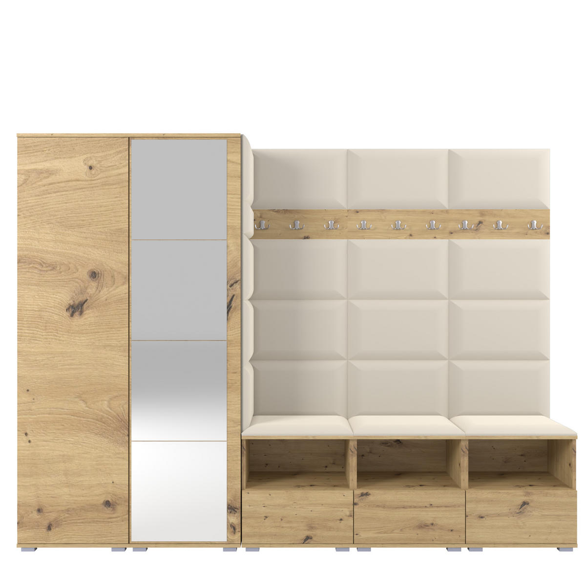 GARDEROBE NELA VII 250 cm (Modulare Flurmöbel XL Artisan Eiche mit Spiegel & Sitzpolster Creme 01 Universell) - Silberfarben/Creme, Holz/Holzwerkstoff (250/187/40cm) - Ravio